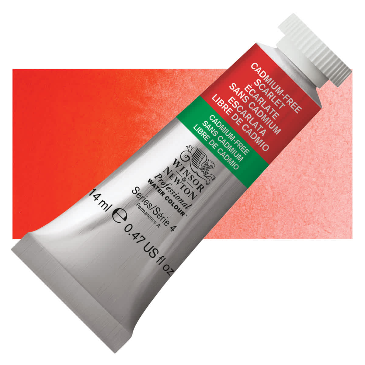 Winsor & Newton Professional Watercolor - Cadmium Free Scarlet, 14 ml tube and swatch