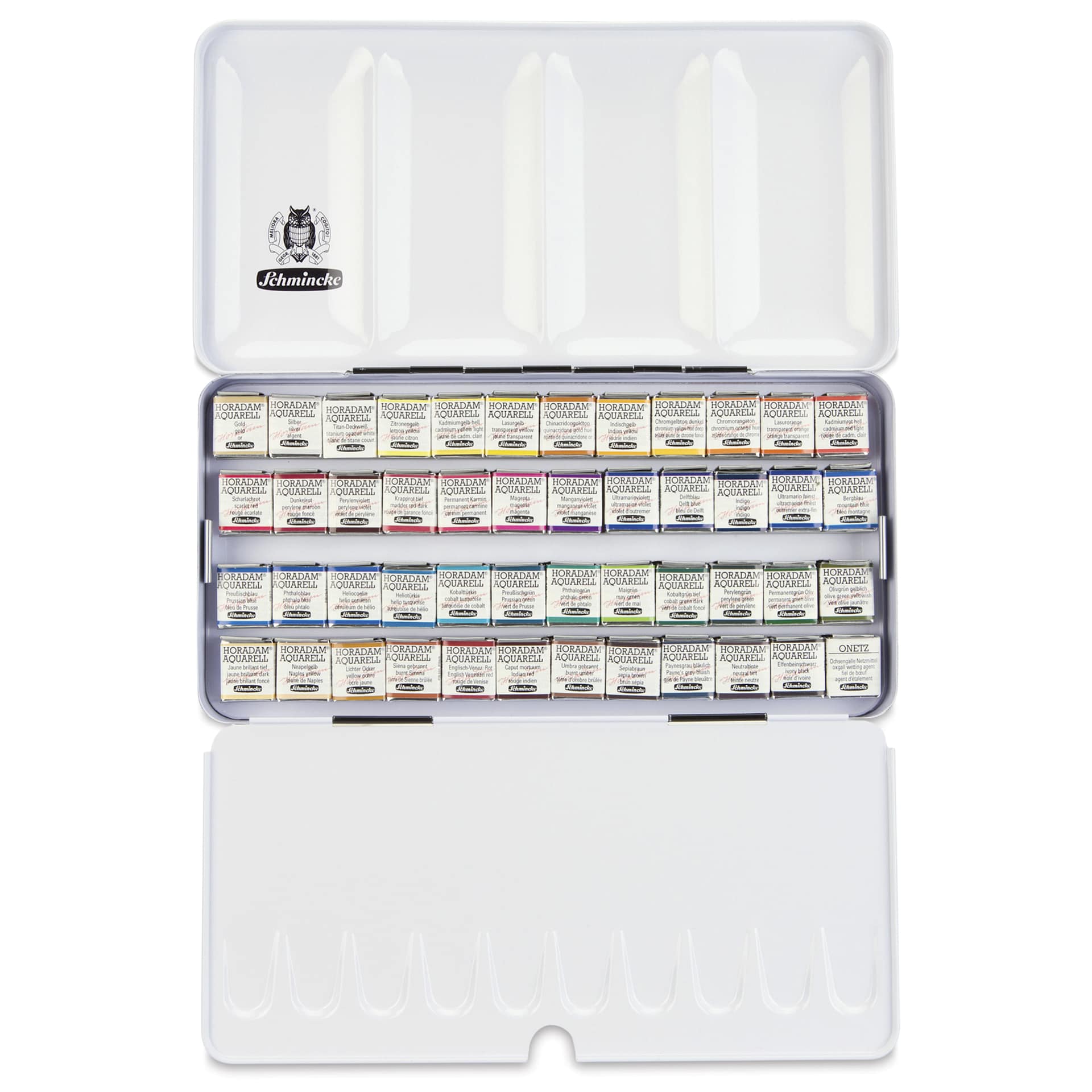 Schmincke Horadam Aquarell Watercolor Pans - Set of 48, Assorted Colors, Half Pans, open tin