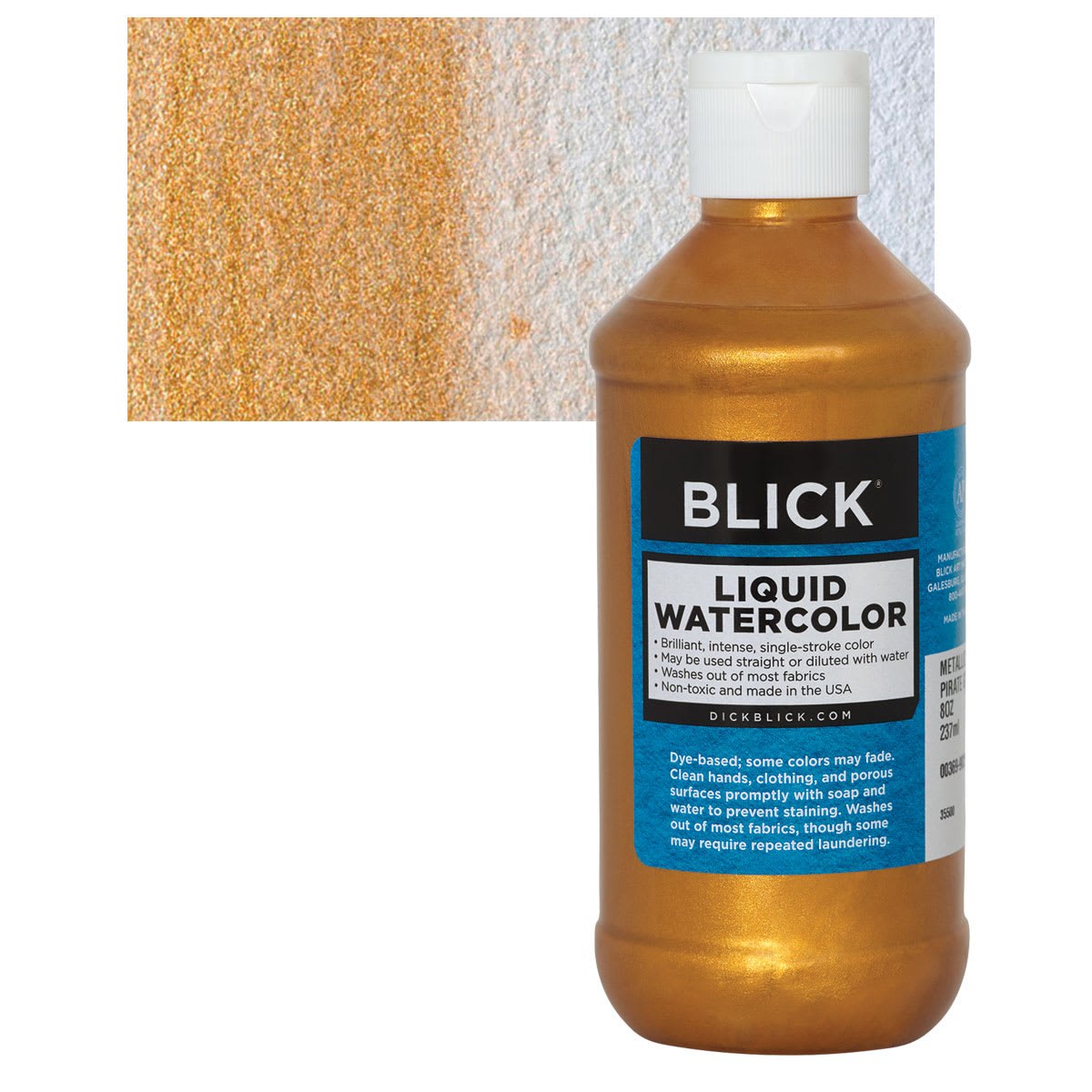 Blick Liquid Watercolor - Metallic Pirate Gold, 8 oz bottle and swatch