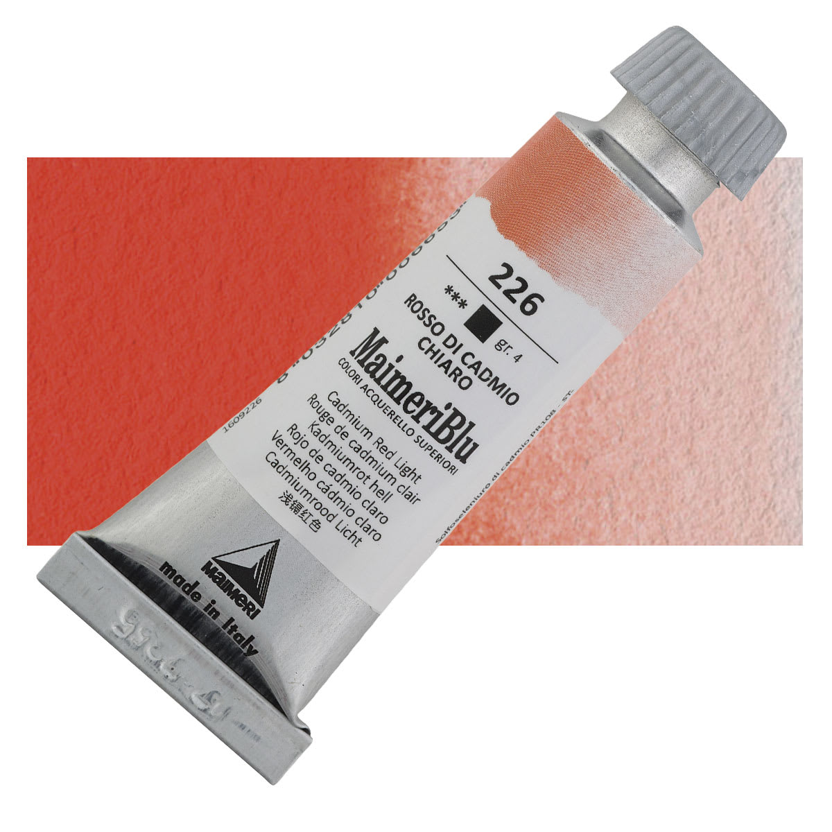 Maimeri Blu Artist Watercolor - Cadmium Red Light, 12 ml Tube and swatch