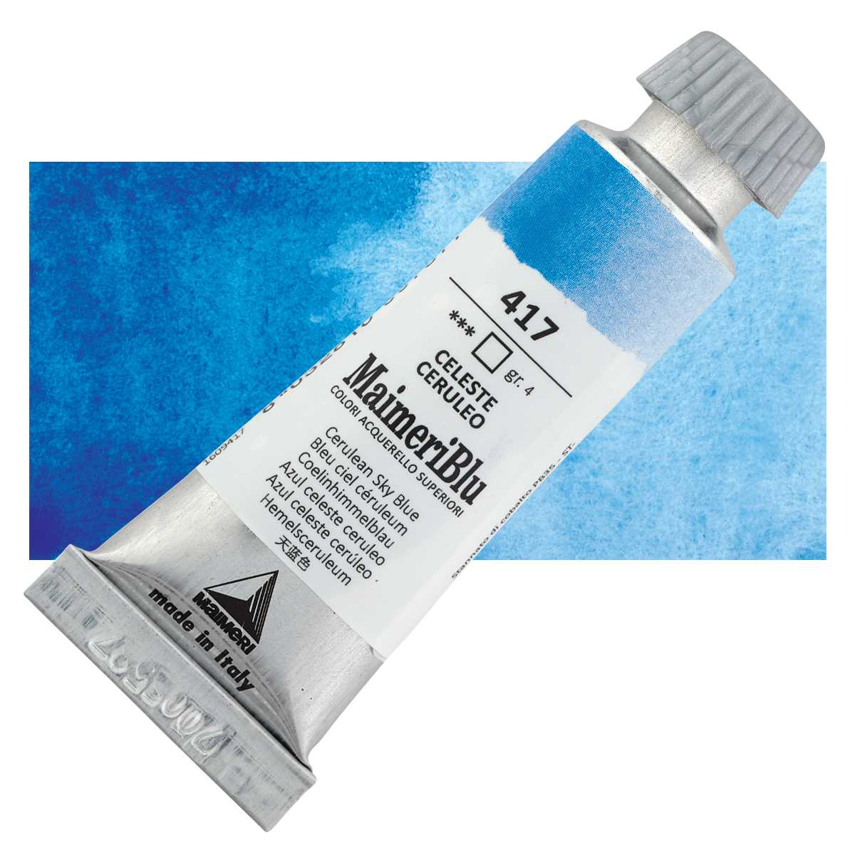 Maimeri Blu Artist Watercolor - Cerulean Sky Blue, 12 ml Tube and swatch