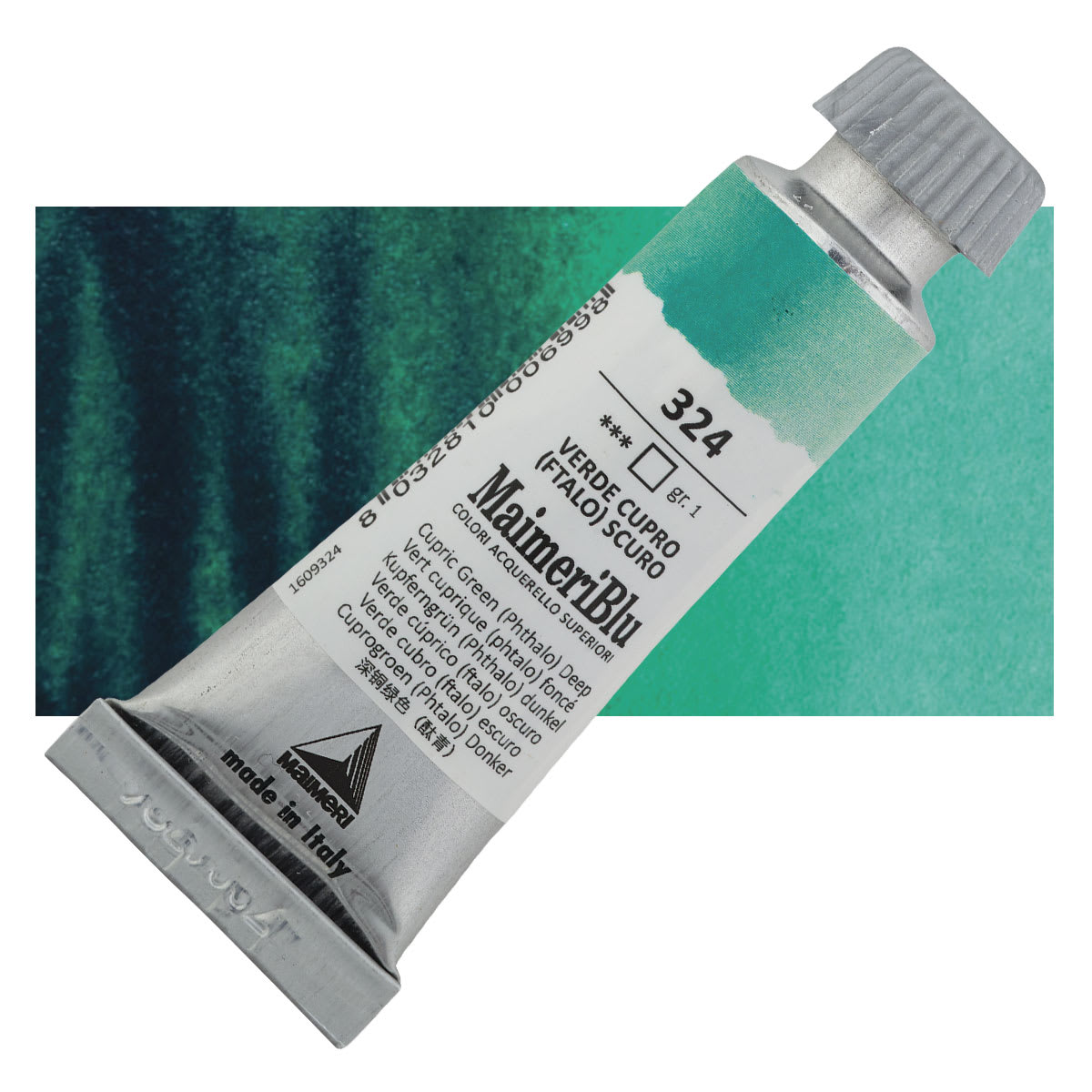 Maimeri Blu Artist Watercolor - Cupric Green Phthalo Deep, 12 ml Tube and swatch