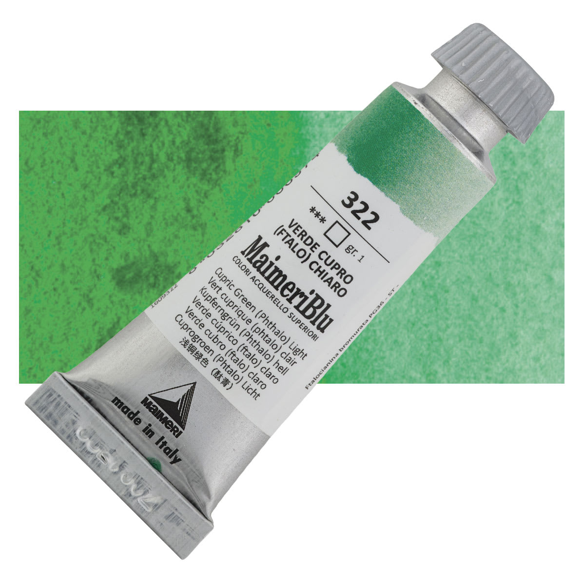Maimeri Blu Artist Watercolor - Cupric Green Phthalo Light, 12 ml Tube and swatch