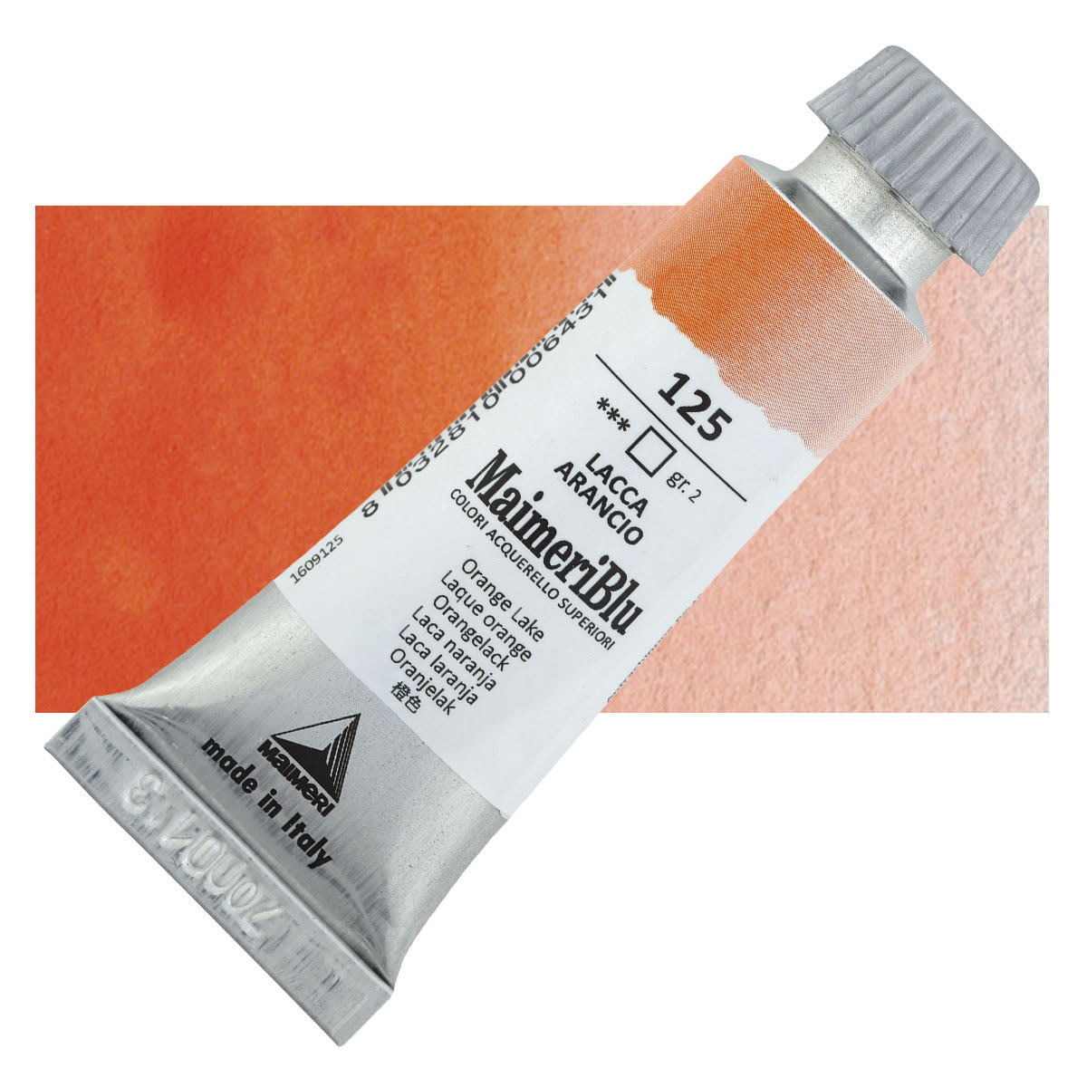 Maimeri Blu Artist Watercolor - Orange Lake, 12 ml Tube and swatch