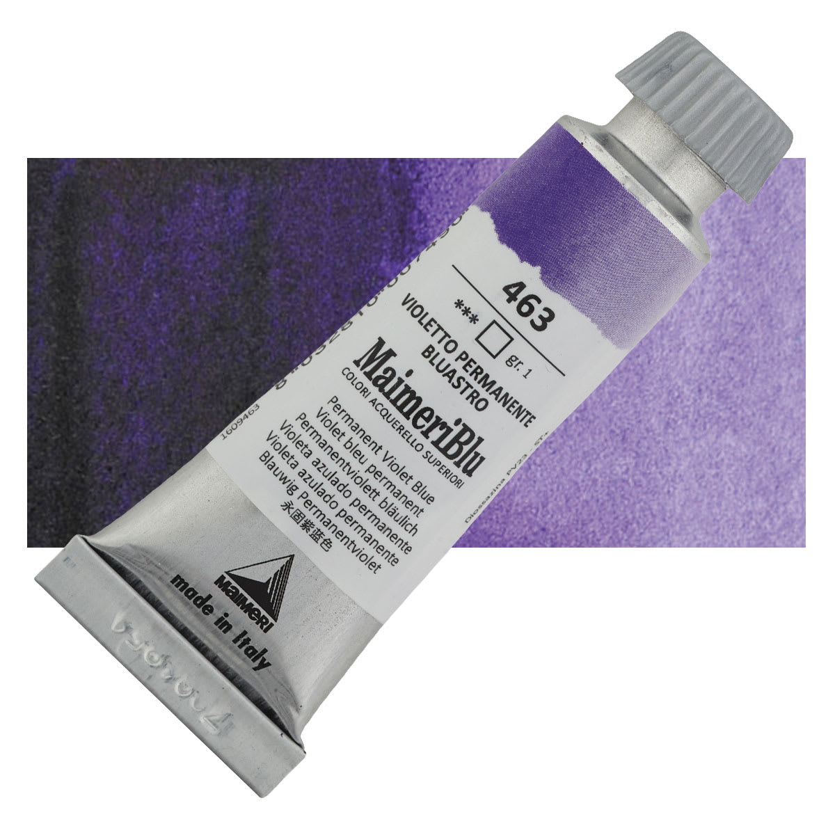 Maimeri Blu Artist Watercolor - Permanent Violet Blue, 12 ml Tube and swatch