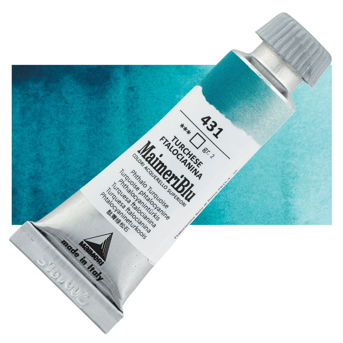 Maimeri Blu Artist Watercolor - Phthalo Turquoise, 12 ml Tube and swatch