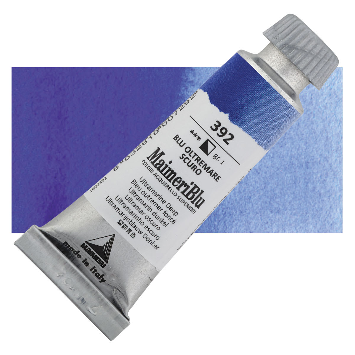 Maimeri Blu Artist Watercolor - Ultramarine Deep, 12 ml Tube and swatch