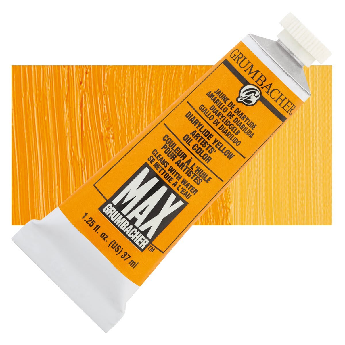 Grumbacher Max Artists' Water Miscible Oil Color - Diarylide Yellow, 37 ml tube and swatch