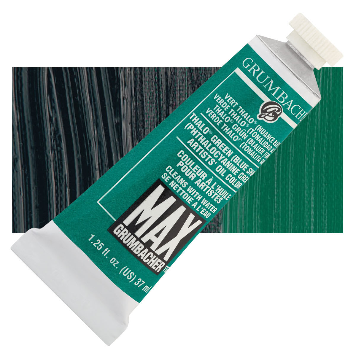 Grumbacher Max Artists' Water Miscible Oil Color - Thalo Green (Blue Shade), 37 ml tube and swatch
