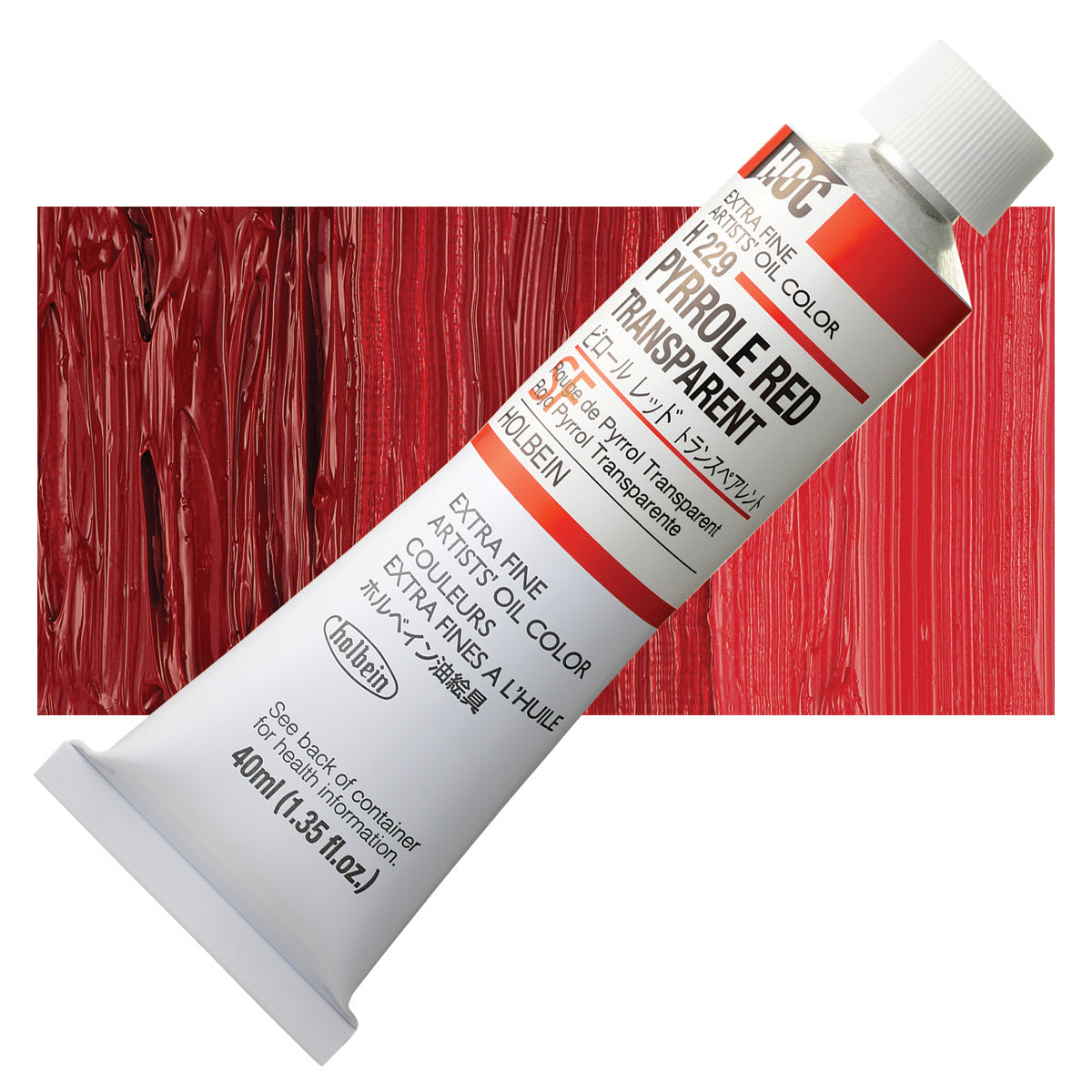 Holbein Artists' Oil Color - Pyrrole Red Transparent, 40 ml tube and swatch