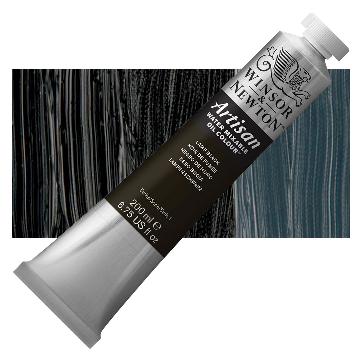 Winsor & Newton Artisan Water Mixable Oil Paint - Lamp Black, 200 ml tube and swatch