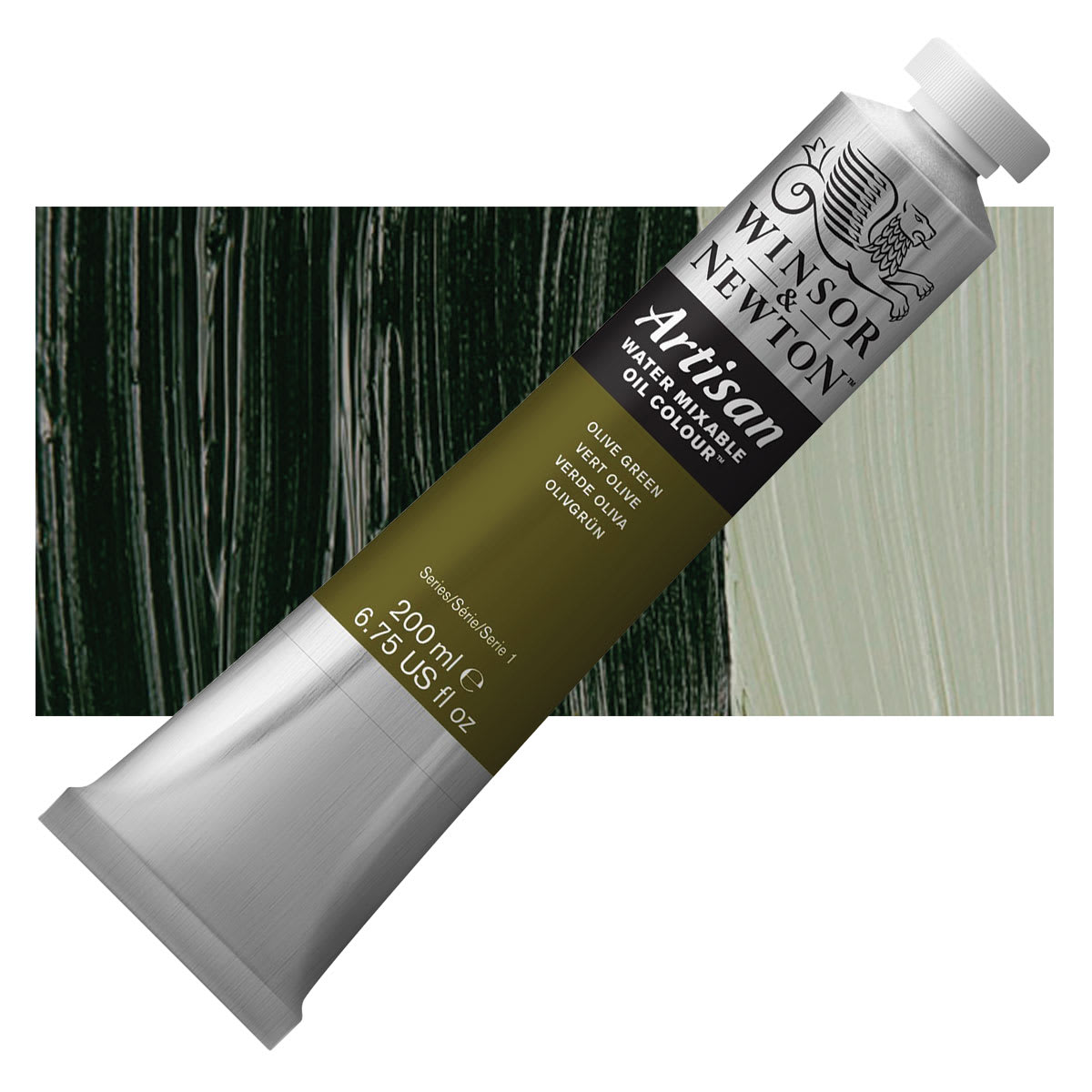 Winsor & Newton Artisan Water Mixable Oil Color - Olive Green, 200 ml tube and swatch