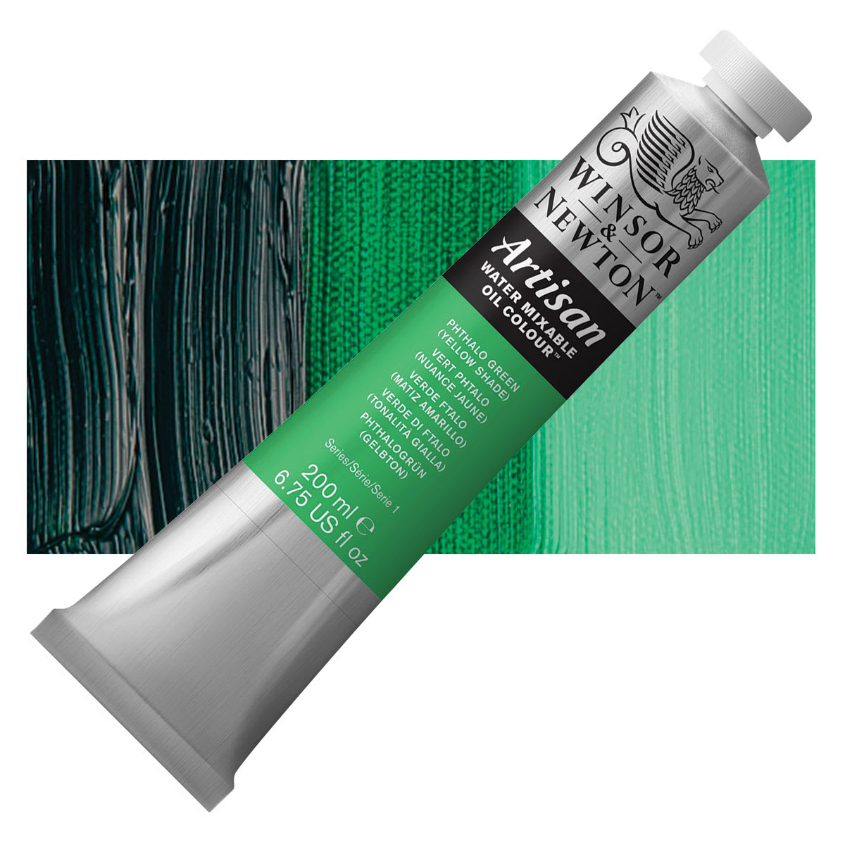 Winsor & Newton Artisan Water Mixable Oil Paint - Phthalo Green (Yellow Shade), 200 ml tube and swatch