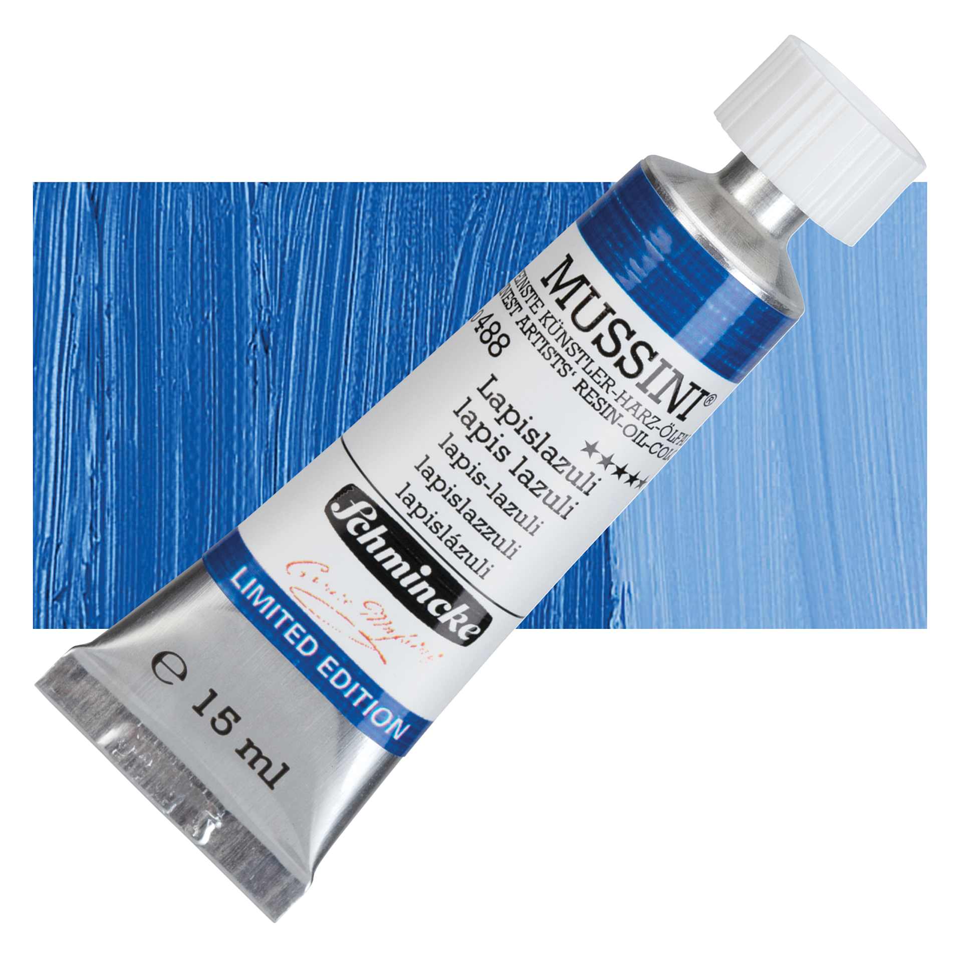Schmincke Mussini Oil Color - Lapis Lazuli, 15 ml tube and swatch