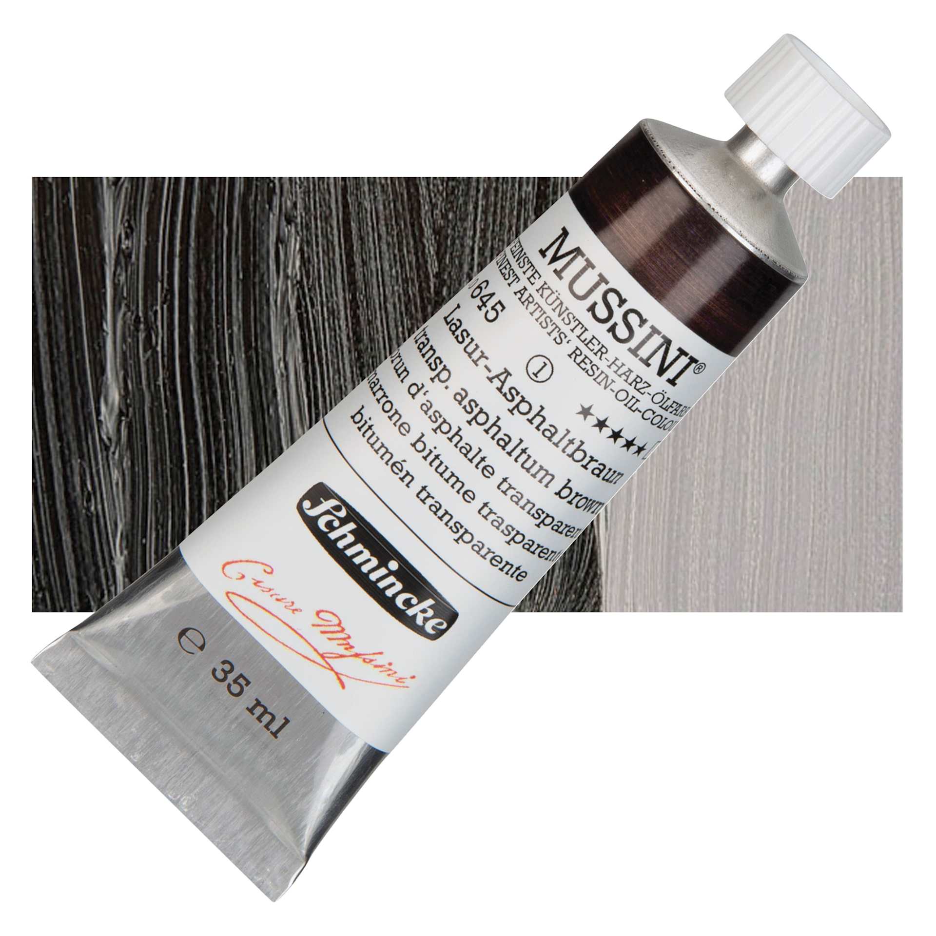 Schmincke Mussini Oil Color - Transparent, Asphaltum Brown Translucent, 35 ml Tube and swatch
