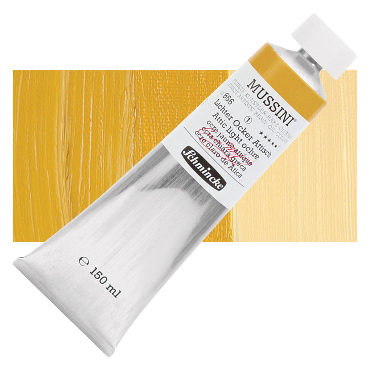 Schmincke Mussini Oil Color - Attish Light Ochre, 150 ml tube and swatch