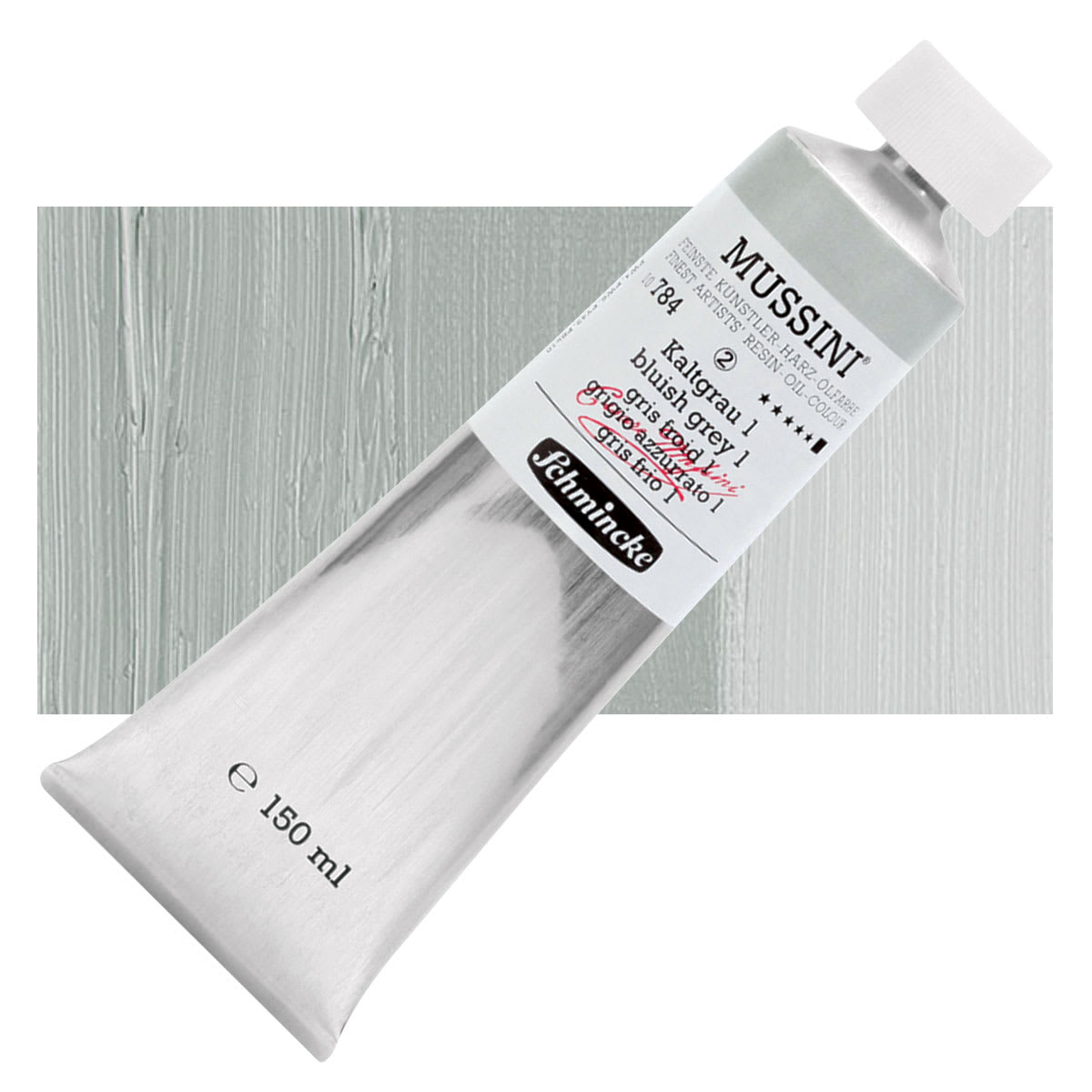 Schmincke Mussini Oil Color - Bluish Gray 1, 150 ml tube and swatch