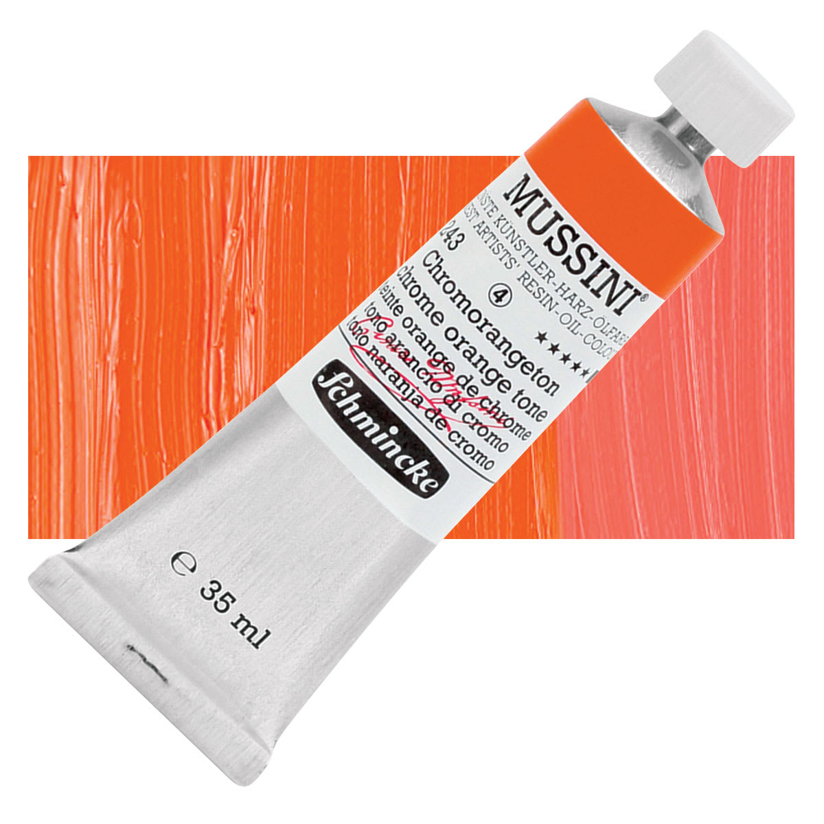 Schmincke Mussini Oil Color - Chrome Orange Tone, 35 ml tube and swatch