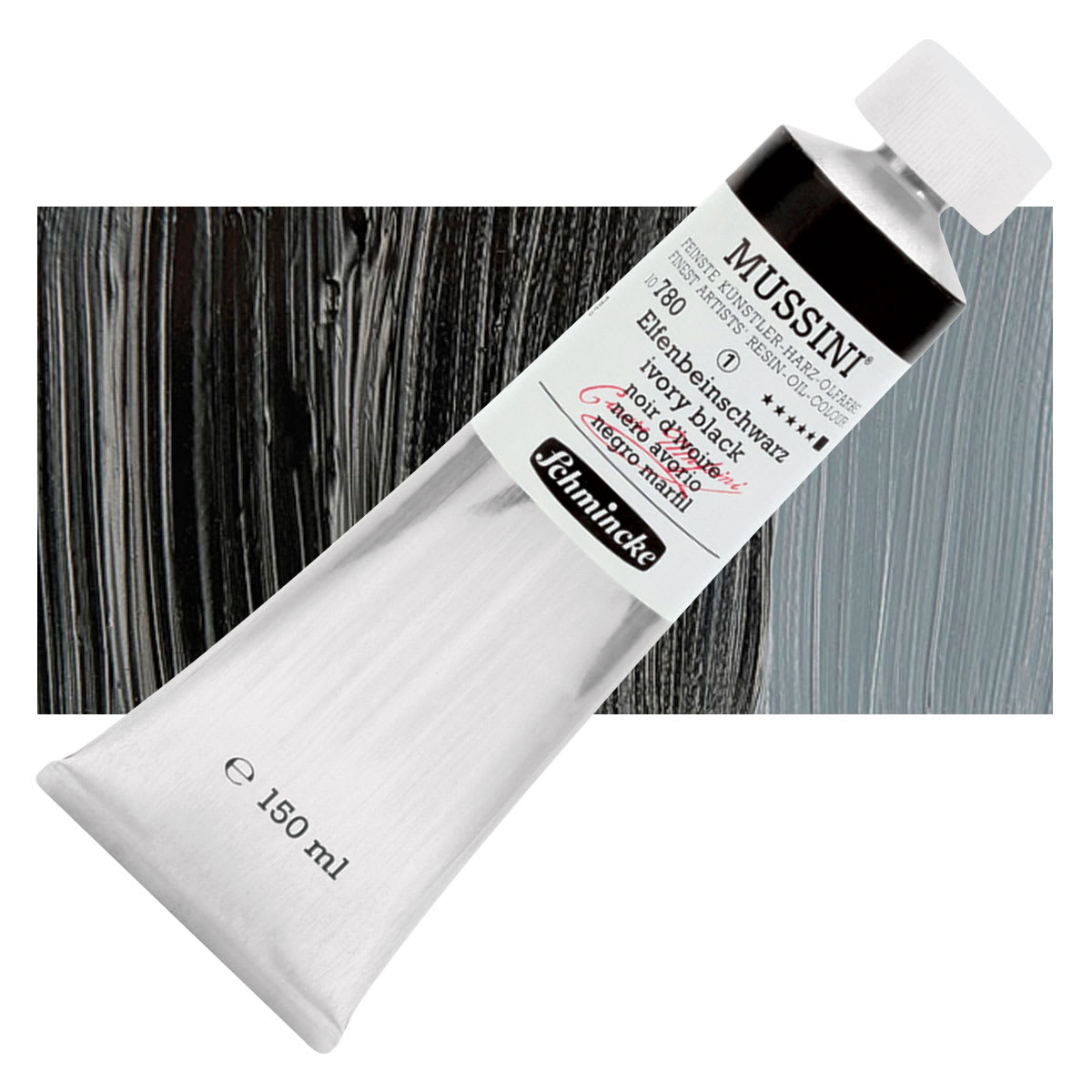 Schmincke Mussini Oil Color - Ivory Black, 150 ml tube and swatch
