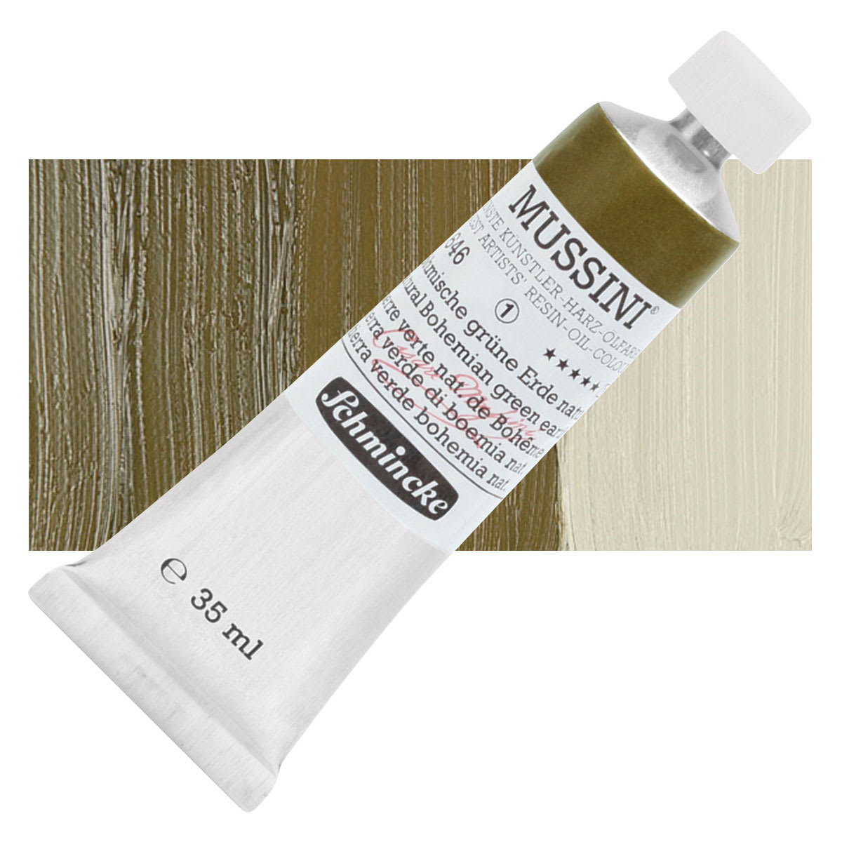 Schmincke Mussini Oil Color - Natural Bohemian Green Earth, 35 ml Tube and swatch