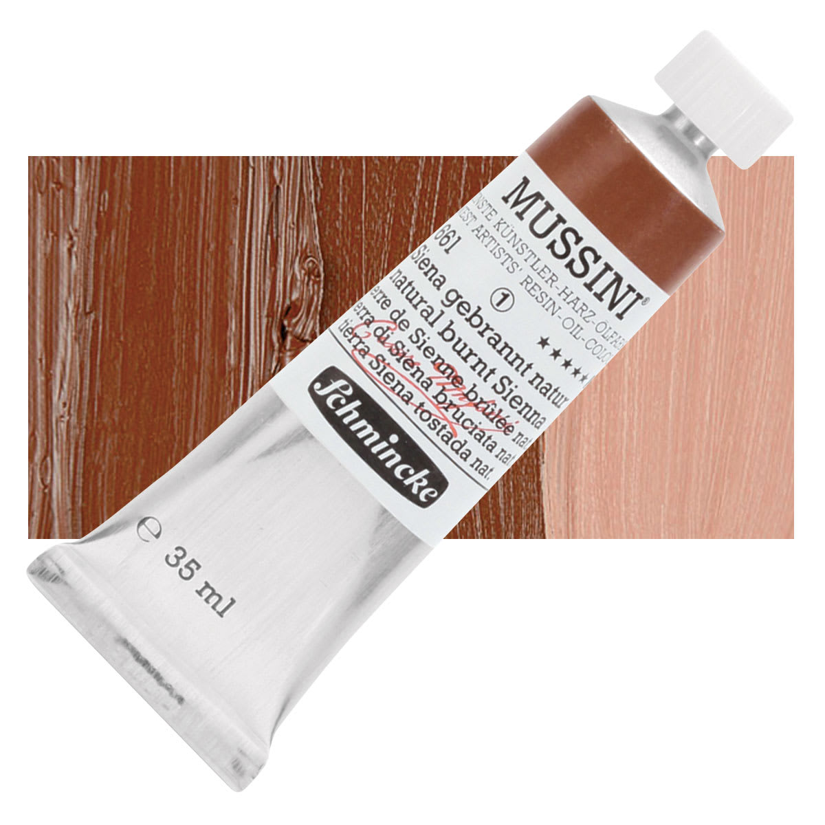 Schmincke Mussini Oil Color - Natural Burnt Sienna, 35 ml Tube and swatch