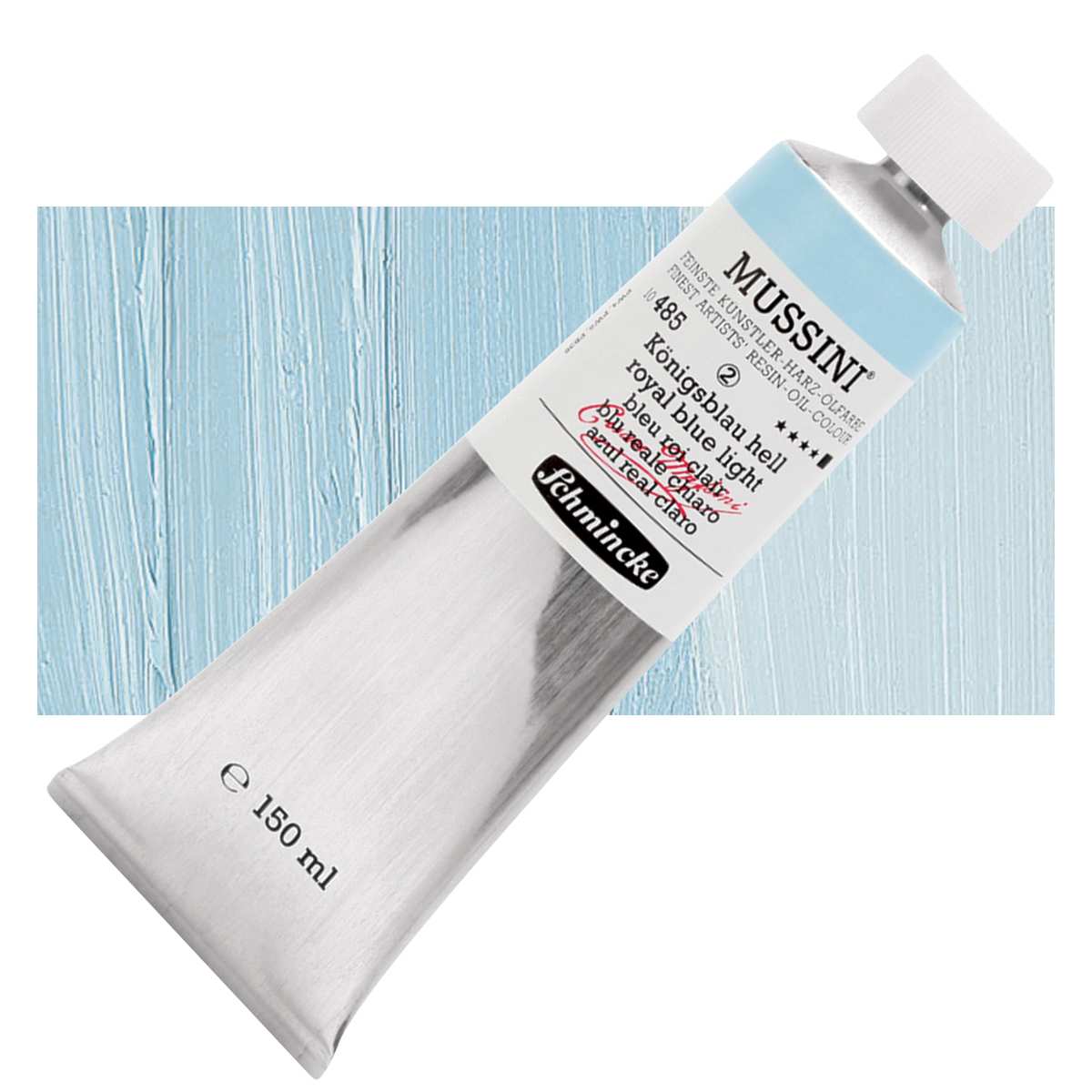 Schmincke Mussini Oil Color - Royal Blue Light, 150 ml tube and swatch