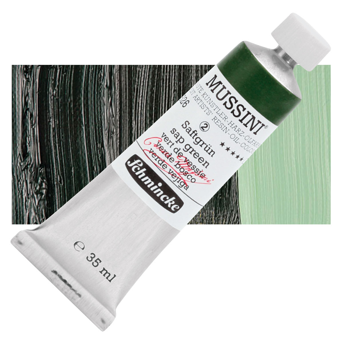 Schmincke Mussini Oil Color - Sap Green, 35 ml tube and swatch