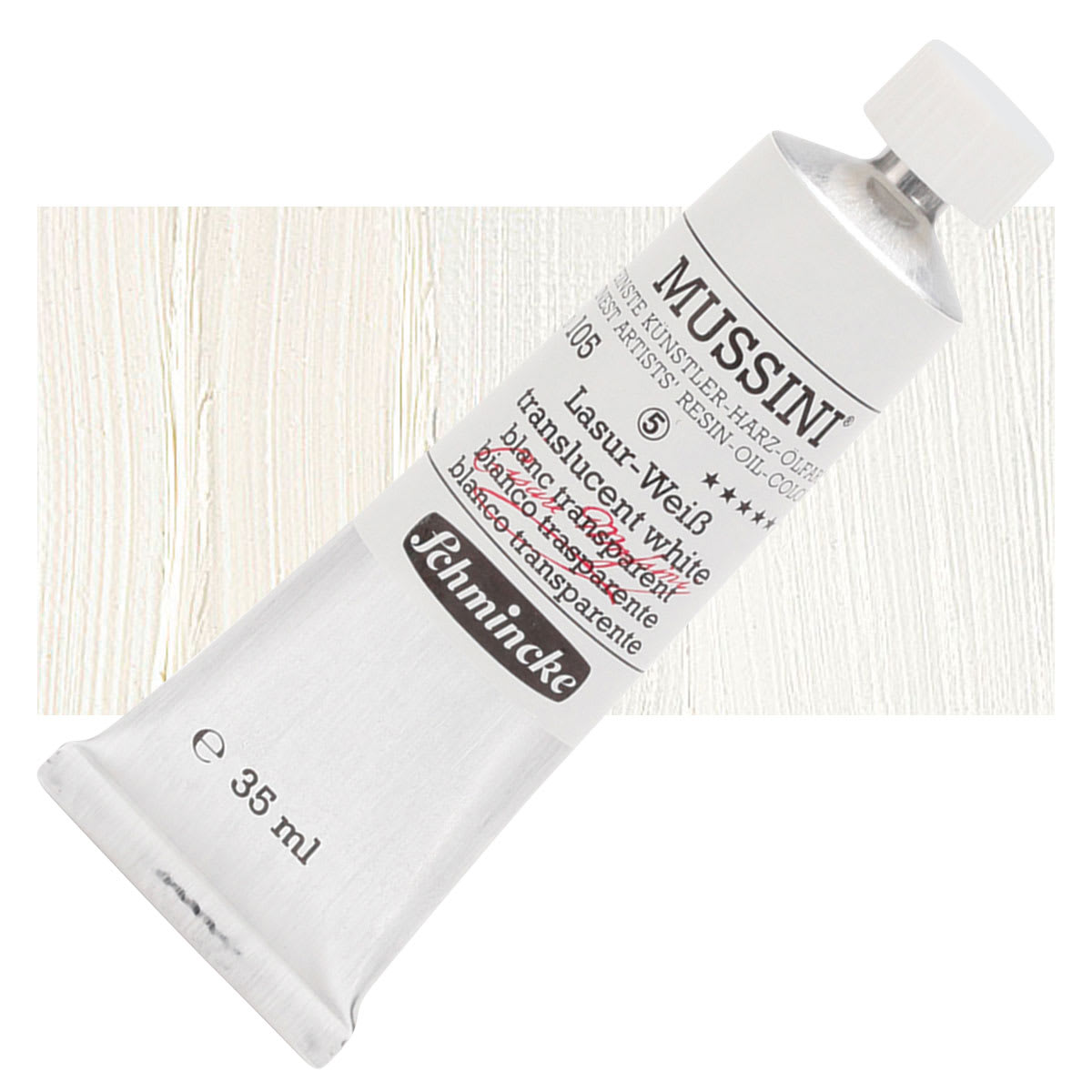 Schmincke Mussini Oil Color - Translucent White, 35 ml tube and swatch