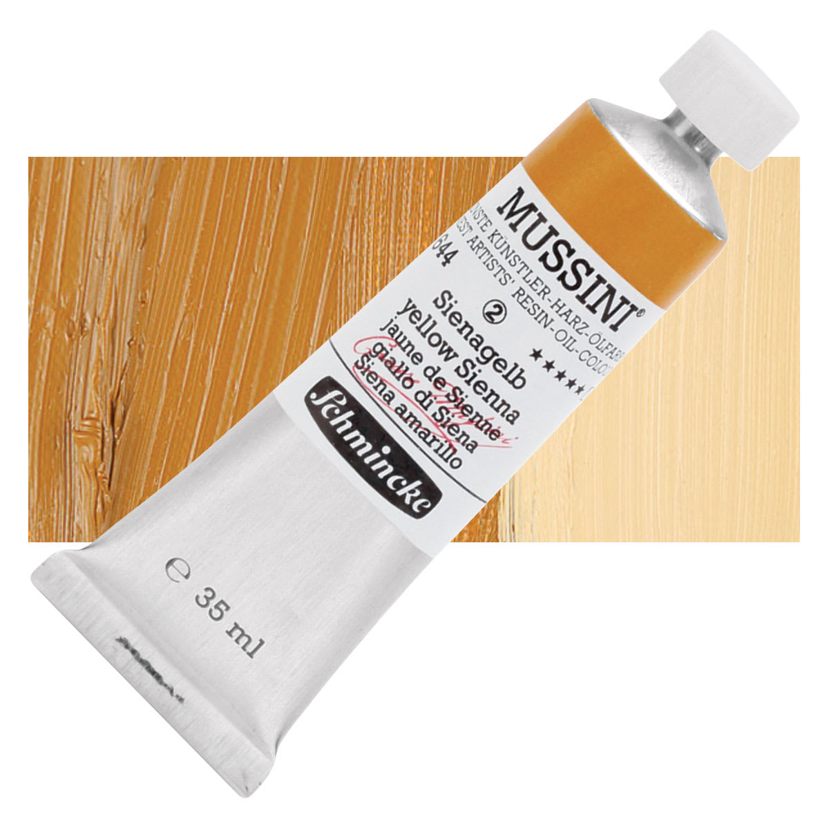 Schmincke Mussini Oil Color - Yellow Sienna, 35 ml tube and swatch