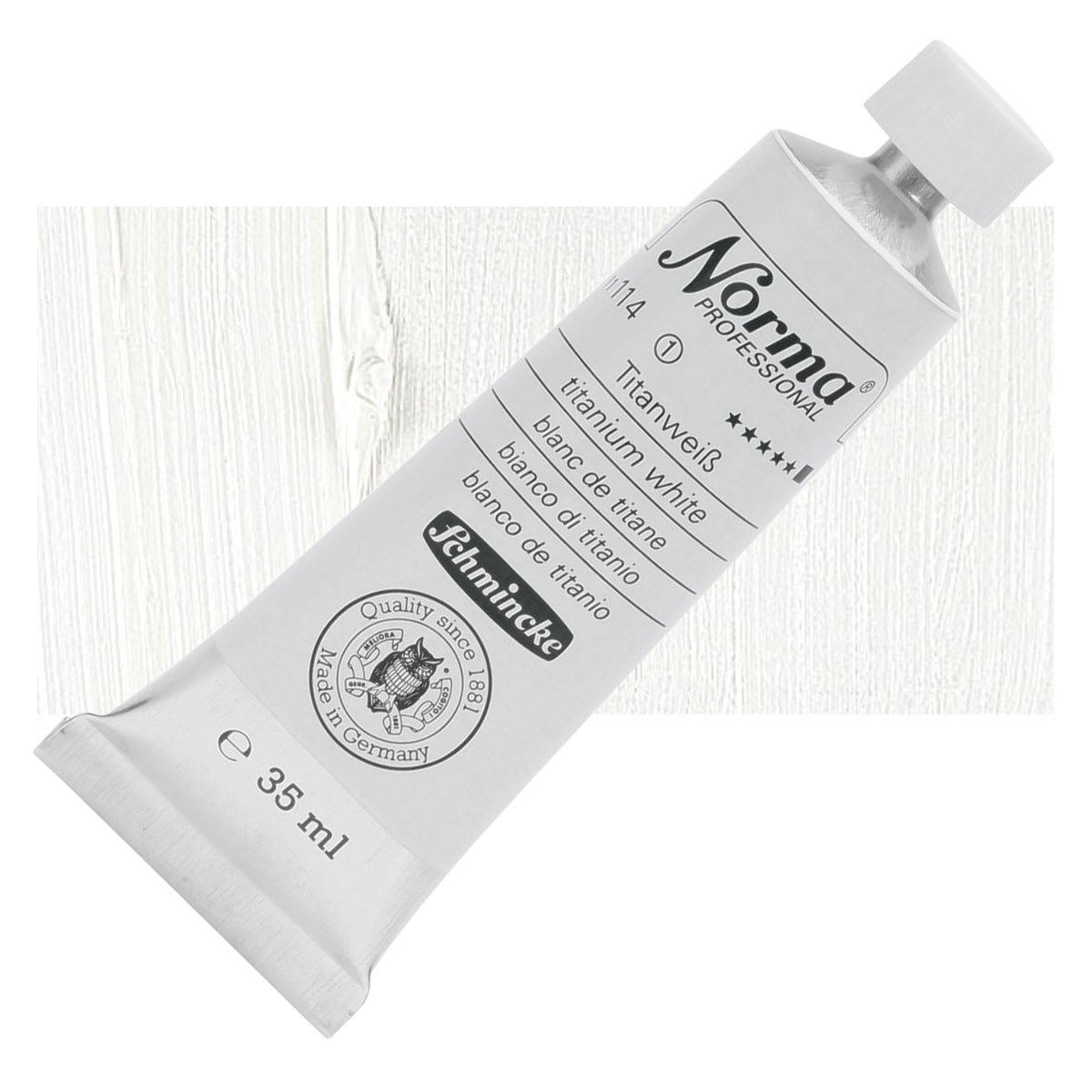 Schmincke Norma Professional Oil Paint - Titanium White, 35 ml, Tube and swatch