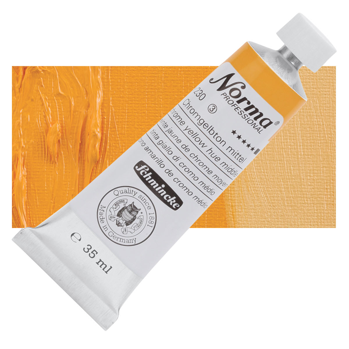 Schmincke Norma Professional Oil Paint - Chrome Yellow Hue Medium, 35 ml, Tube and swatch