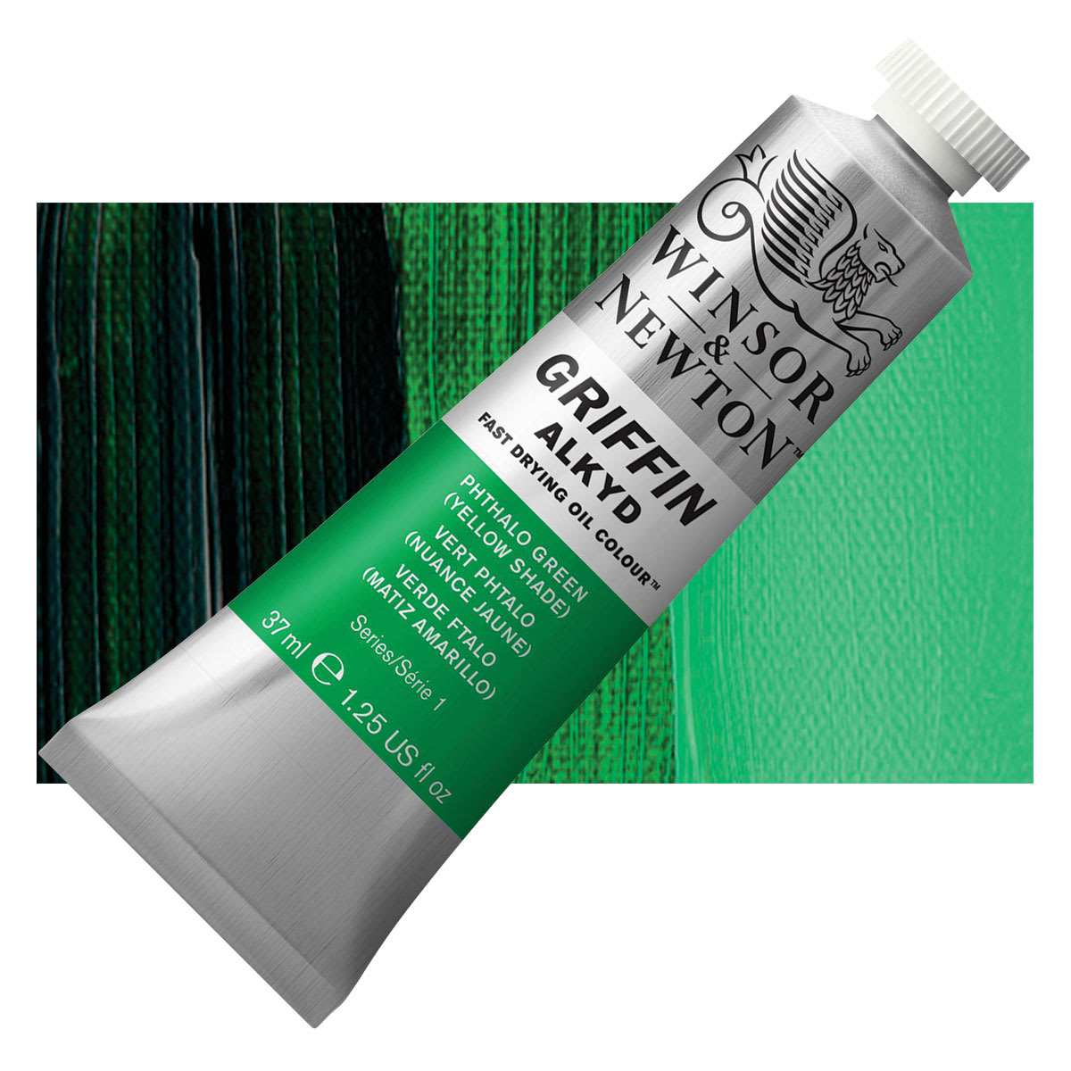 Winsor & Newton Griffin Alkyd - Phthalo Green Yellow Shade, 37 ml tube and swatch
