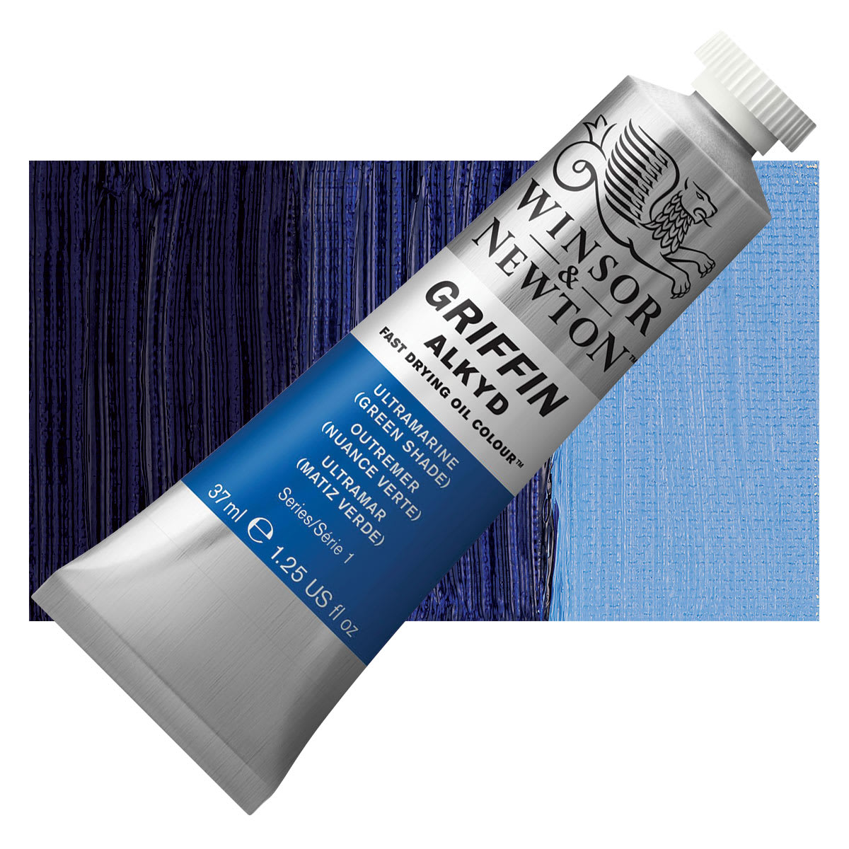 Winsor & Newton Griffin Alkyd - Ultramarine (Green Shade), 37 ml tube and swatch