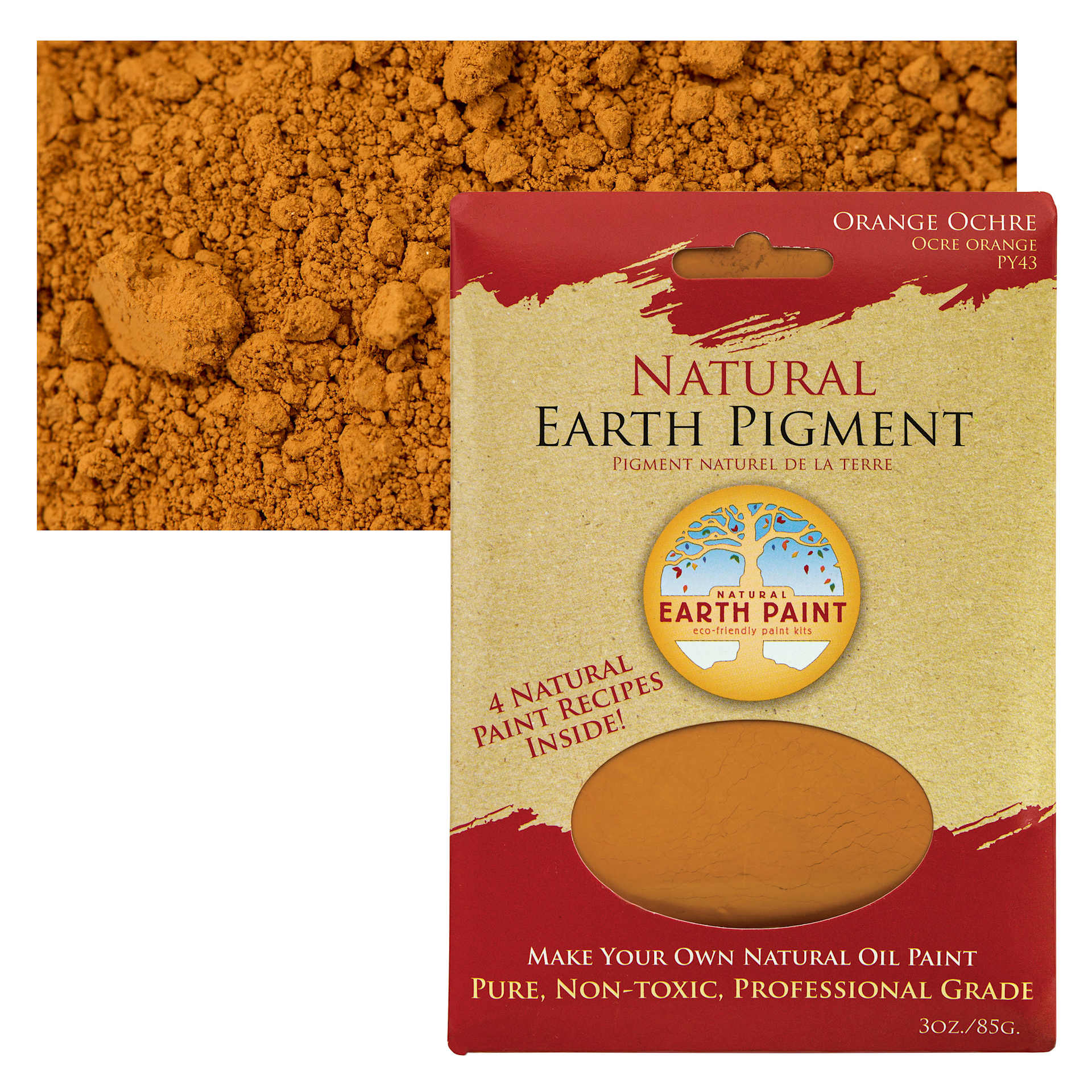 Natural Earth Paint Earth & Mineral Pigment - Orange Ochre, 3 oz package and swatch