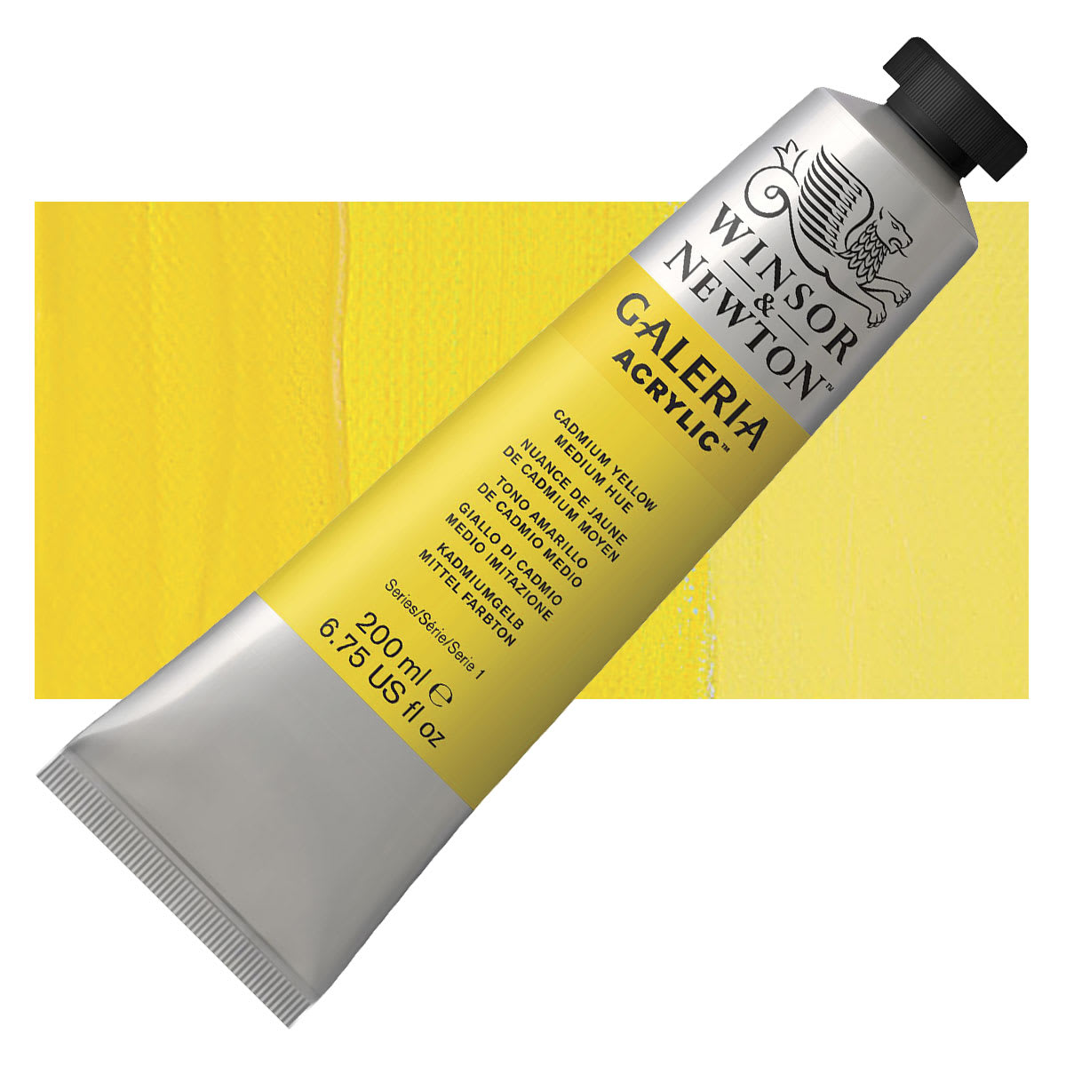 Winsor & Newton Galeria Flow Acrylic - Cadmium Yellow Medium Hue, 200 ml tube and swatch