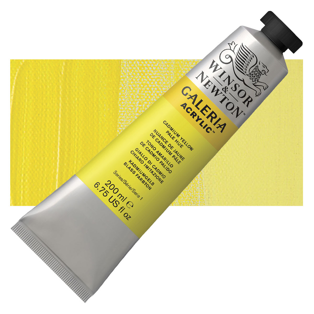 Winsor & Newton Galeria Flow Acrylic - Cadmium Yellow Pale Hue, 200 ml tube and swatch