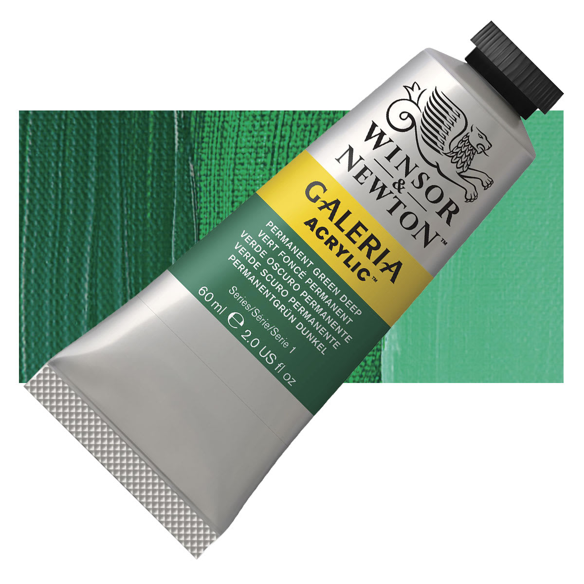 Winsor & Newton Galeria Flow Acrylic - Permanent Green Deep, 60 ml tube and swatch