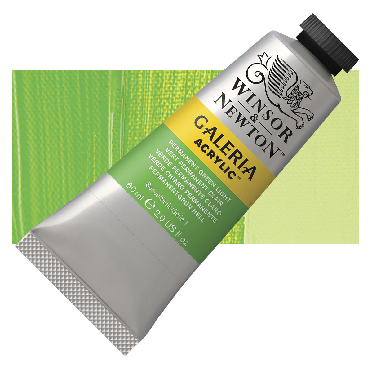 Winsor & Newton Galeria Flow Acrylic - Permanent Green Light, 60 ml tube and swatch