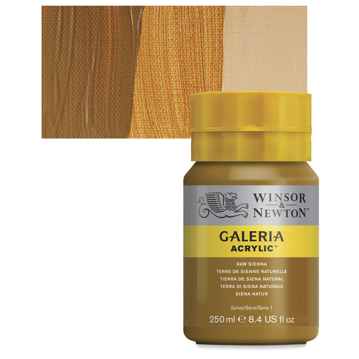 Winsor & Newton Galeria Flow Acrylic - Raw Sienna, 250 ml tube and swatch