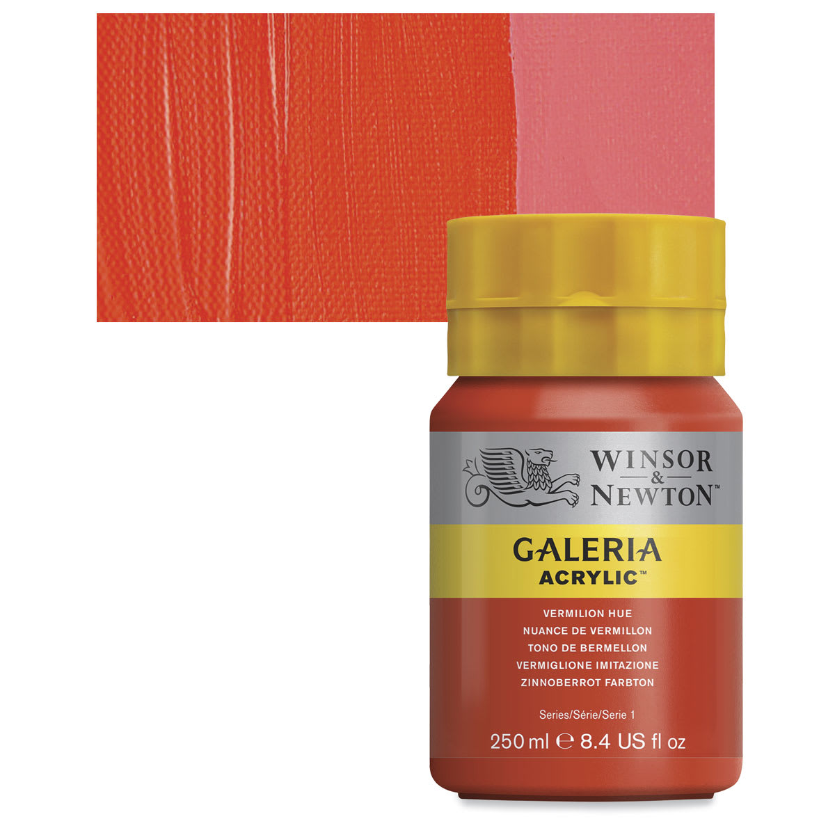 Winsor & Newton Galeria Flow Acrylic - Vermilion Hue, 250 ml tube and swatch
