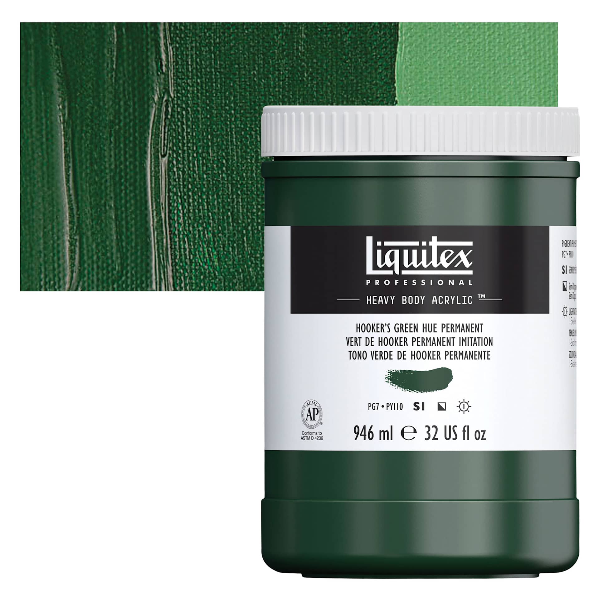Liquitex Heavy Body Artist Acrylic - Hooker's Green Hue Permanent, 32 oz Jar and swatch