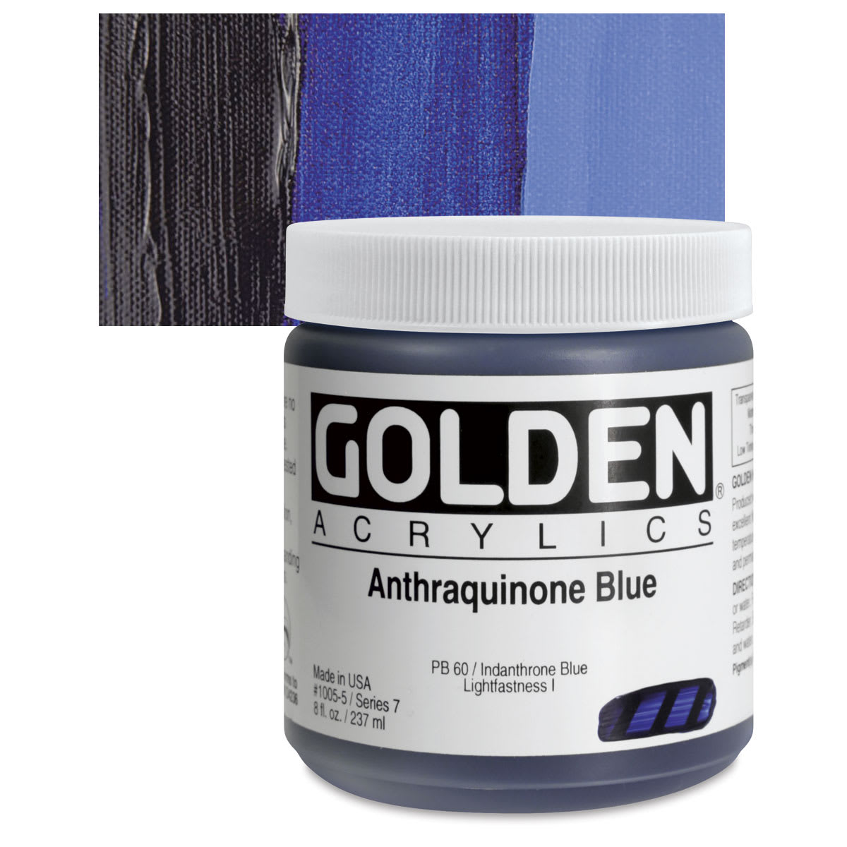 Golden Heavy Body Artist Acrylic - Anthraquinone Blue, 8 oz Jar and swatch