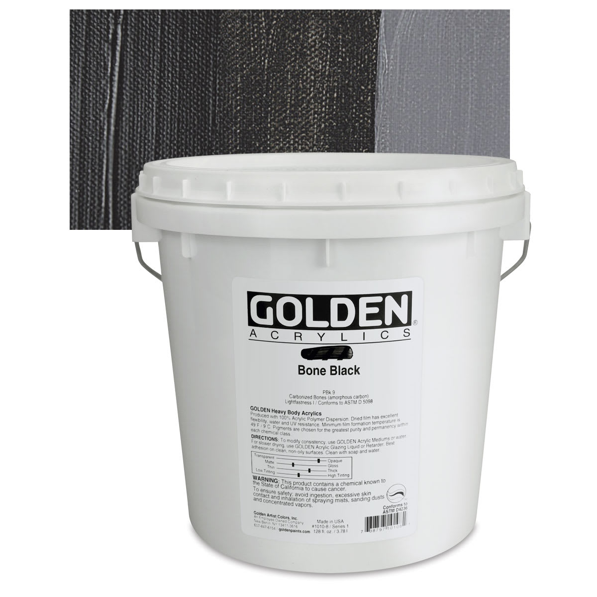 Golden Heavy Body Artist Acrylic - Bone Black, 128 oz jar and swatch