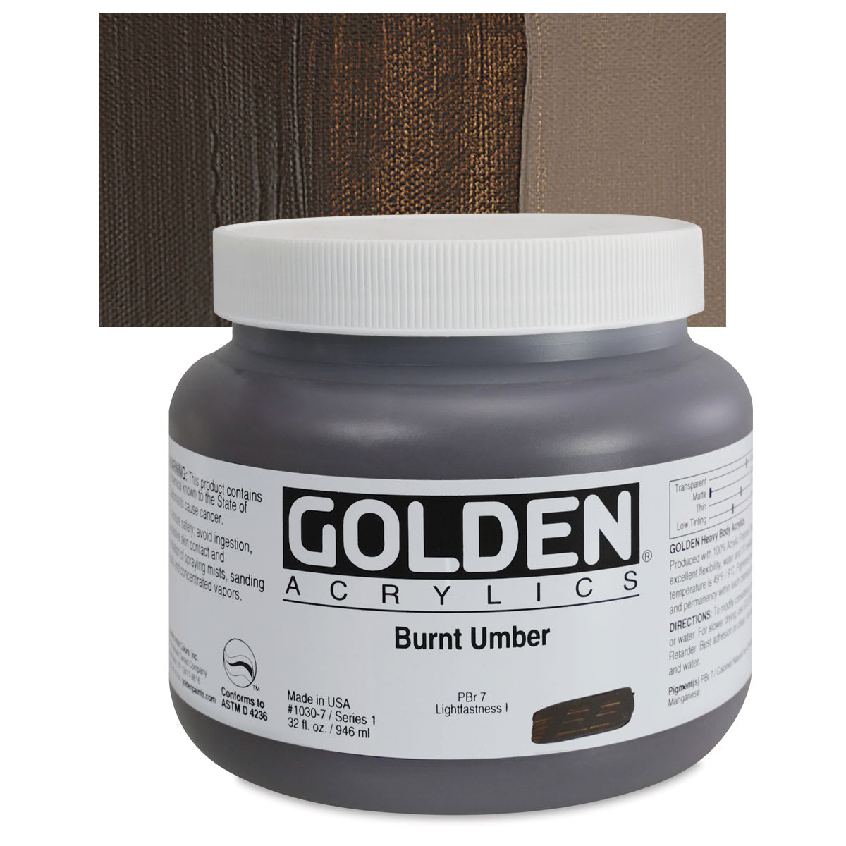 Golden Heavy Body Artist Acrylic - Burnt Umber, 32 oz Jar and swatch