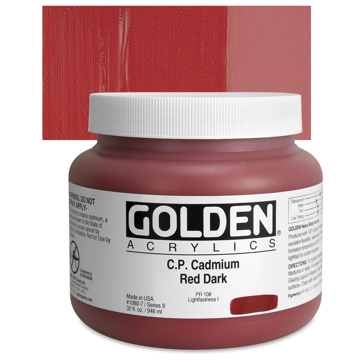 Golden Heavy Body Artist Acrylic - Cadmium Red Dark, 32 oz Jar and swatch