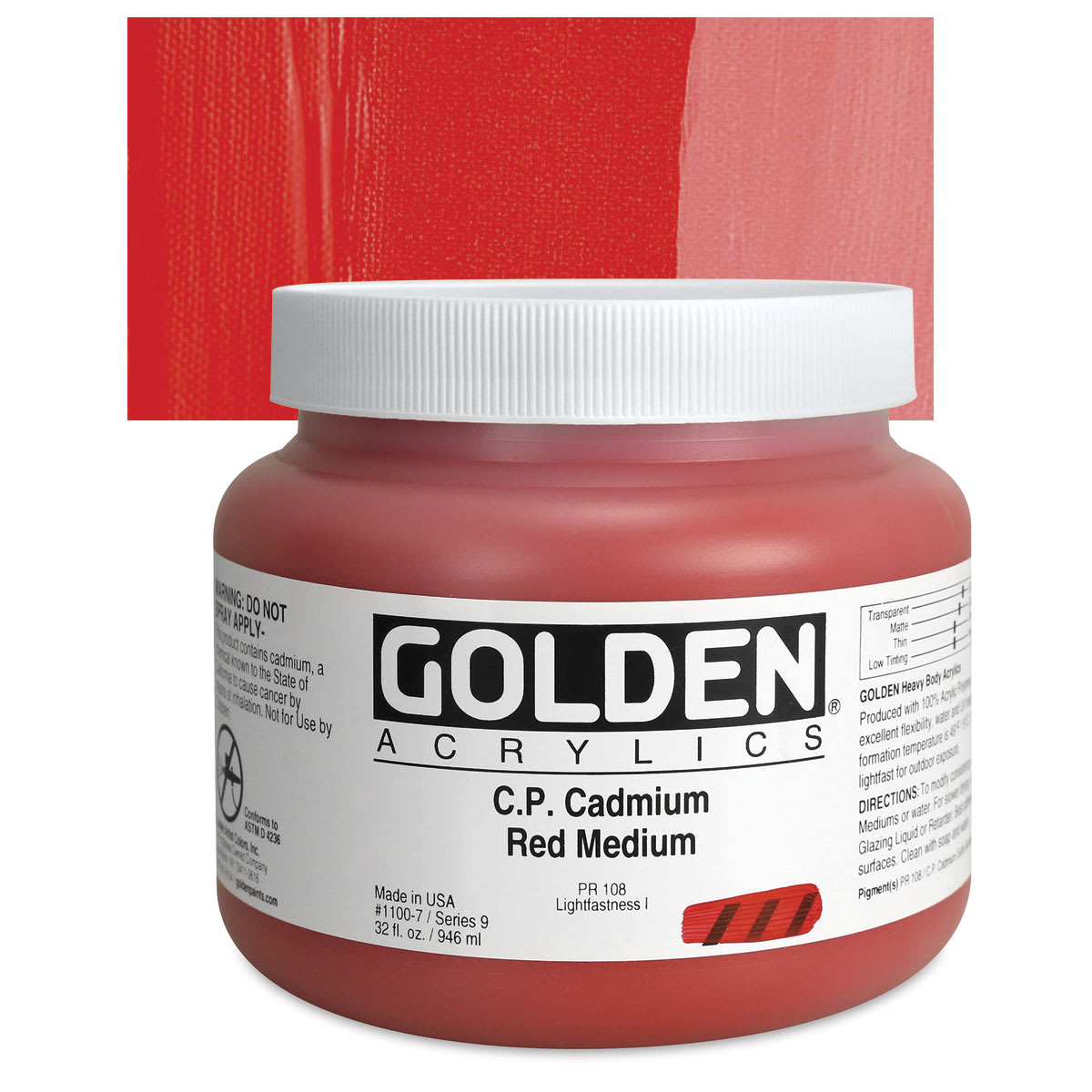 Golden Heavy Body Artist Acrylic - Cadmium Red Medium, 32 oz jar and swatch