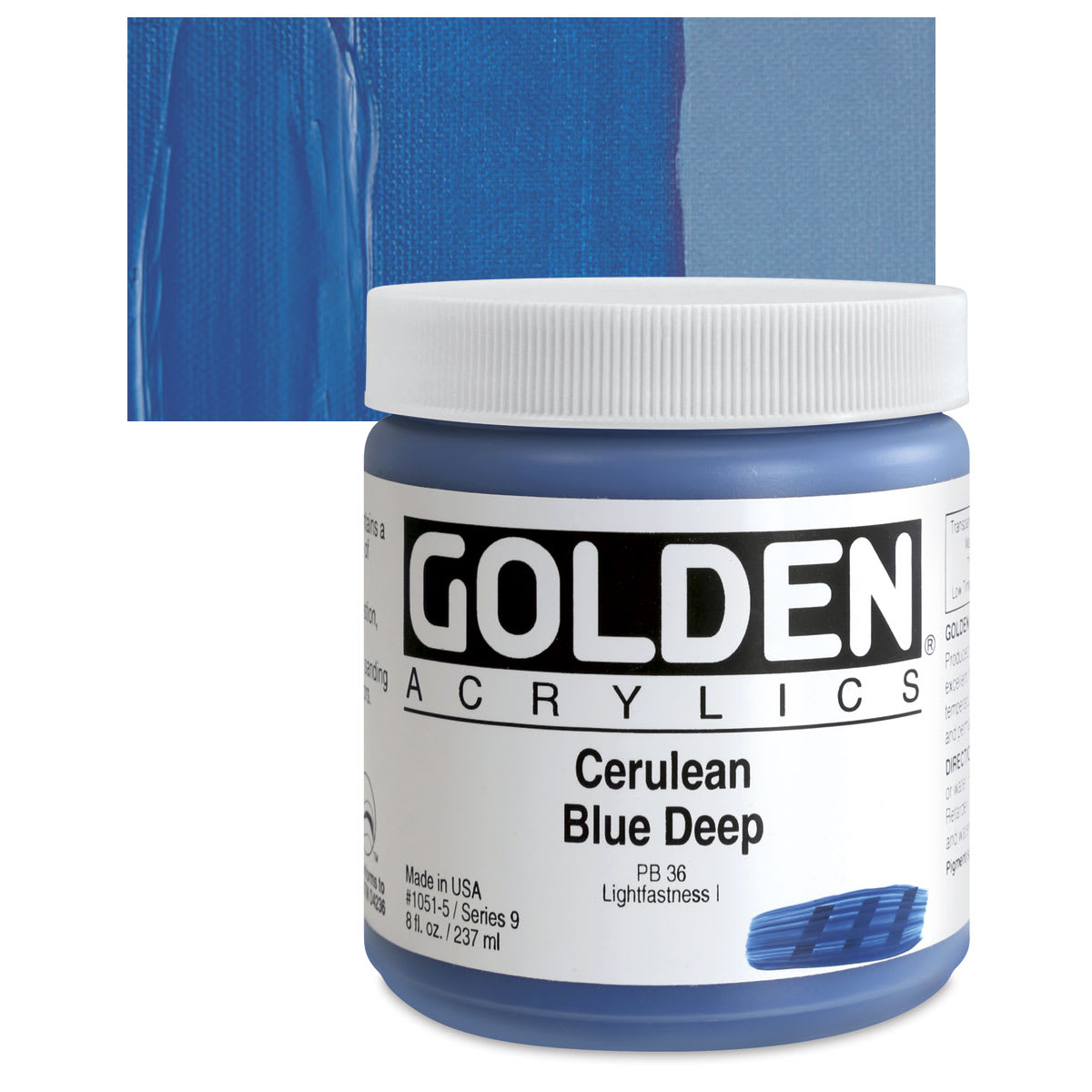 Golden Heavy Body Artist Acrylic - Cerulean Blue Deep, 8 oz Jar and swatch