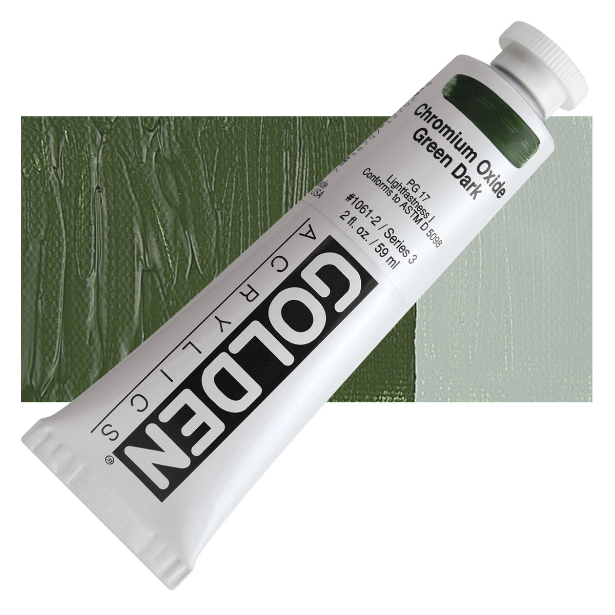 Golden Heavy Body Artist Acrylic - Chromium Oxide Green Dark, 2 oz Tube and swatch