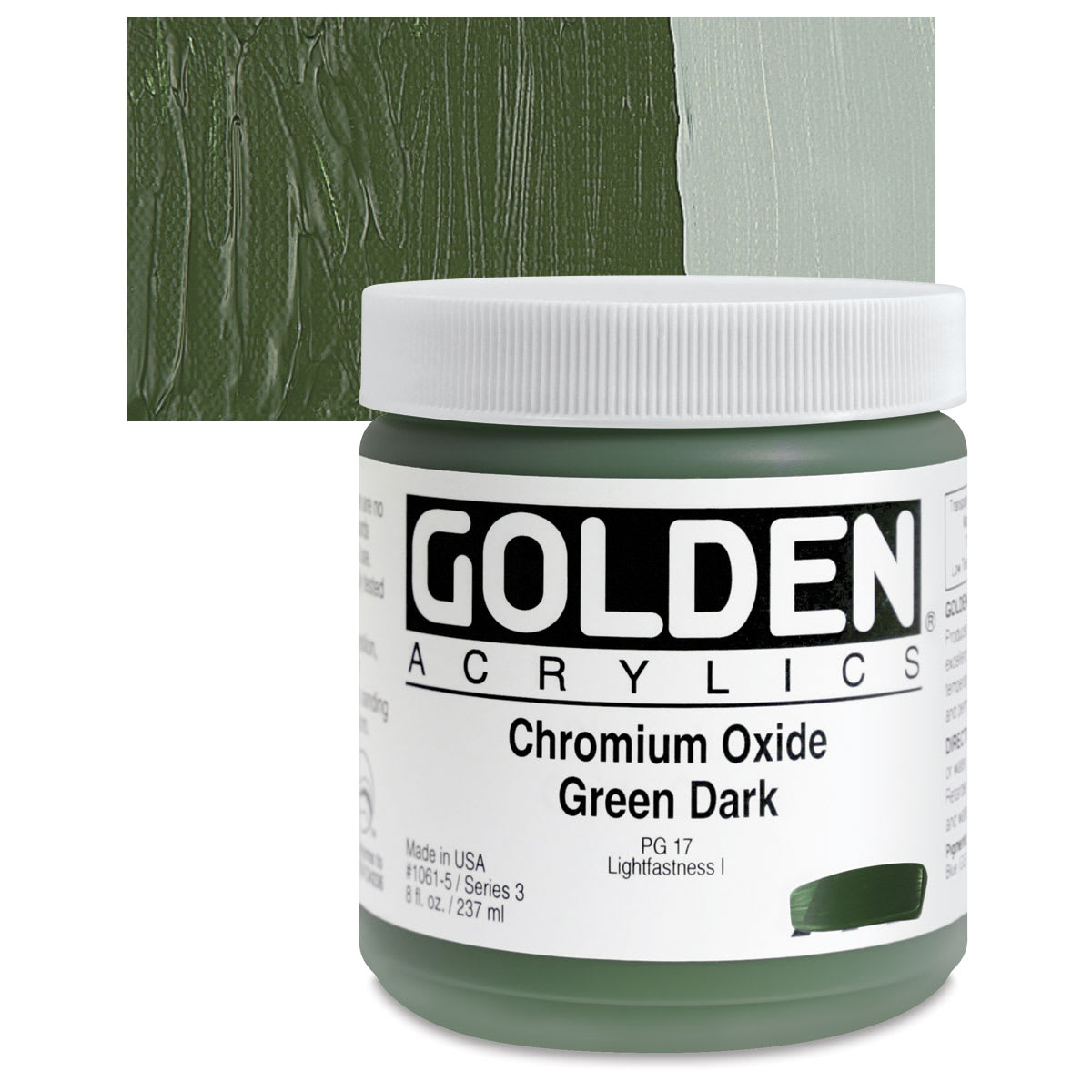 Golden Heavy Body Artist Acrylic - Chromium Oxide Green Dark, 8 oz Jar and swatch