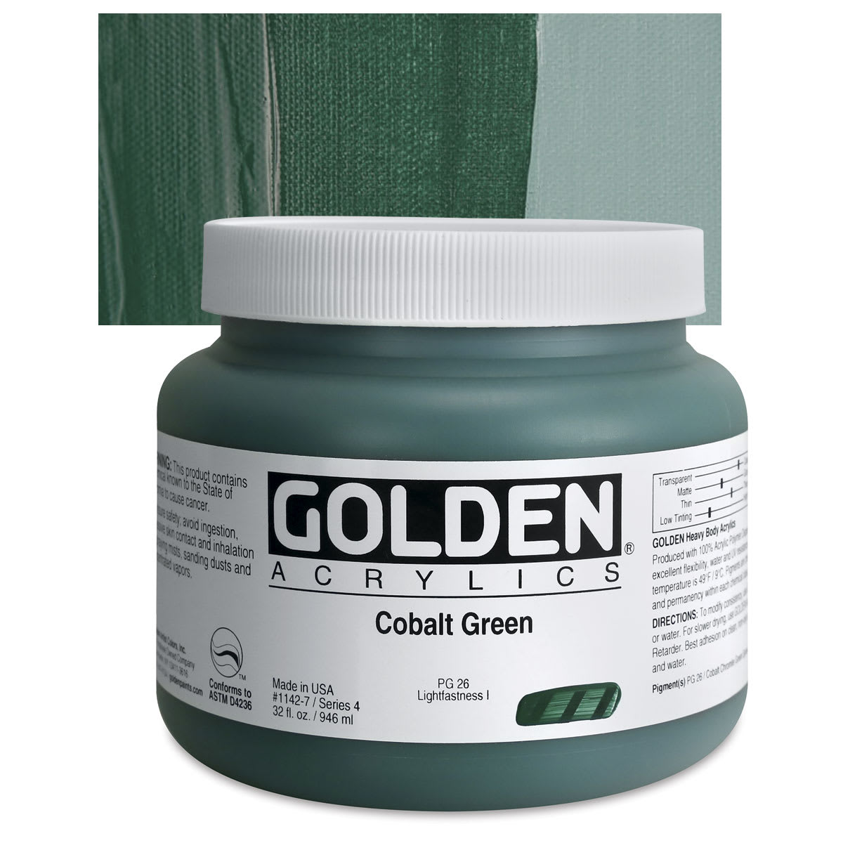 Golden Heavy Body Artist Acrylic - Cobalt Green, 32 oz Jar and swatch